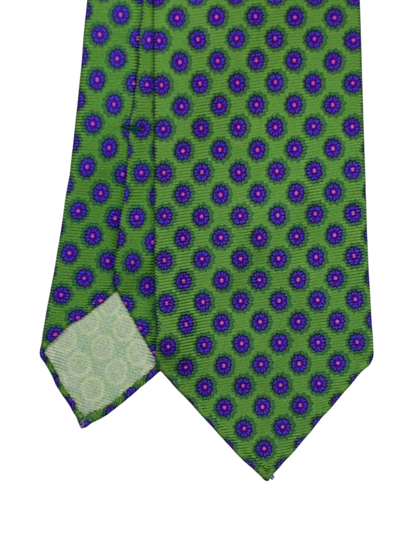 Kiton 5-Fold Green & Pink Handrolled Silk Floral Pattern Tie