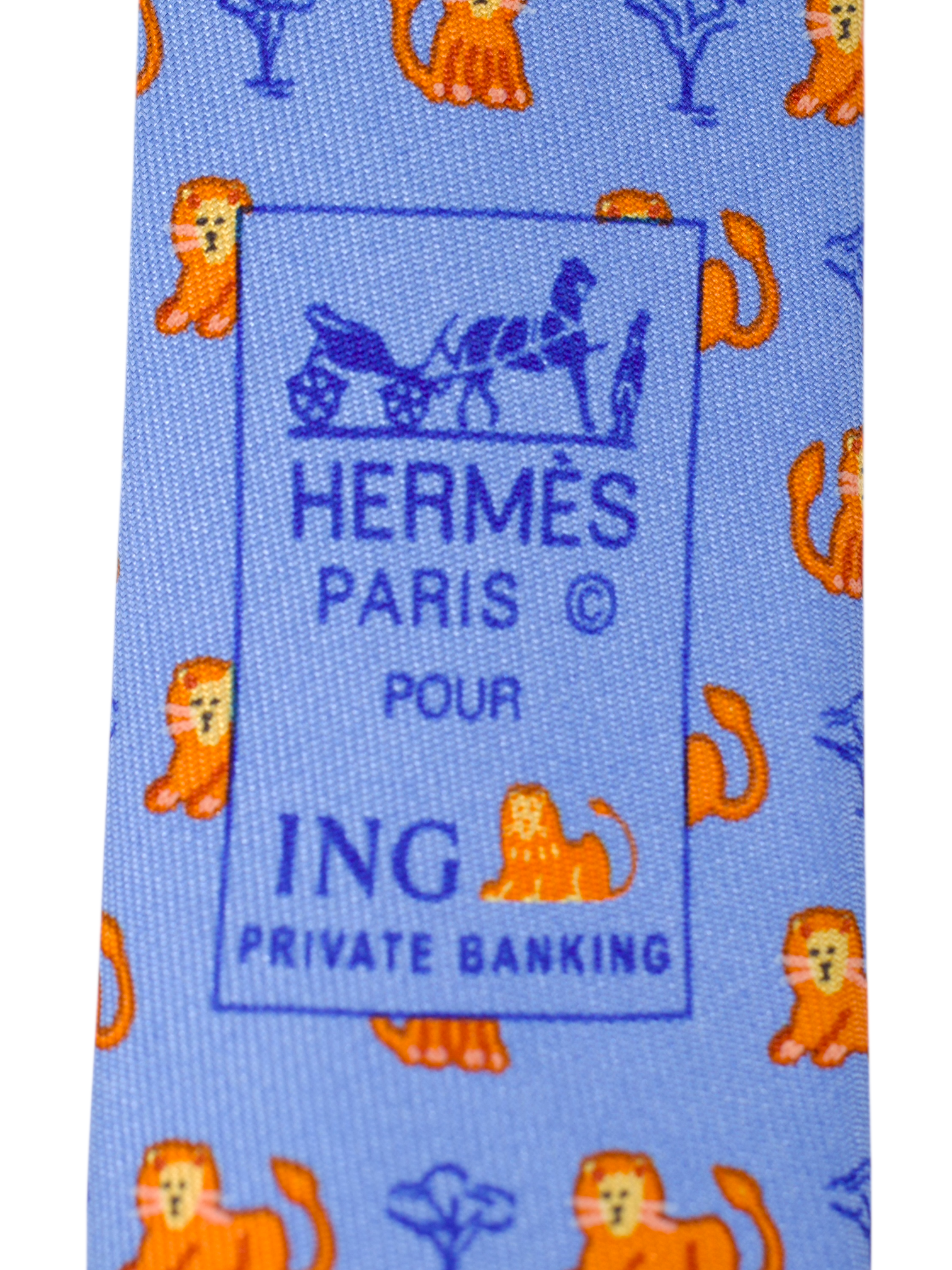 Hermès x ING Private-Banking Light Blue & Orange Lion-Pattern Tie