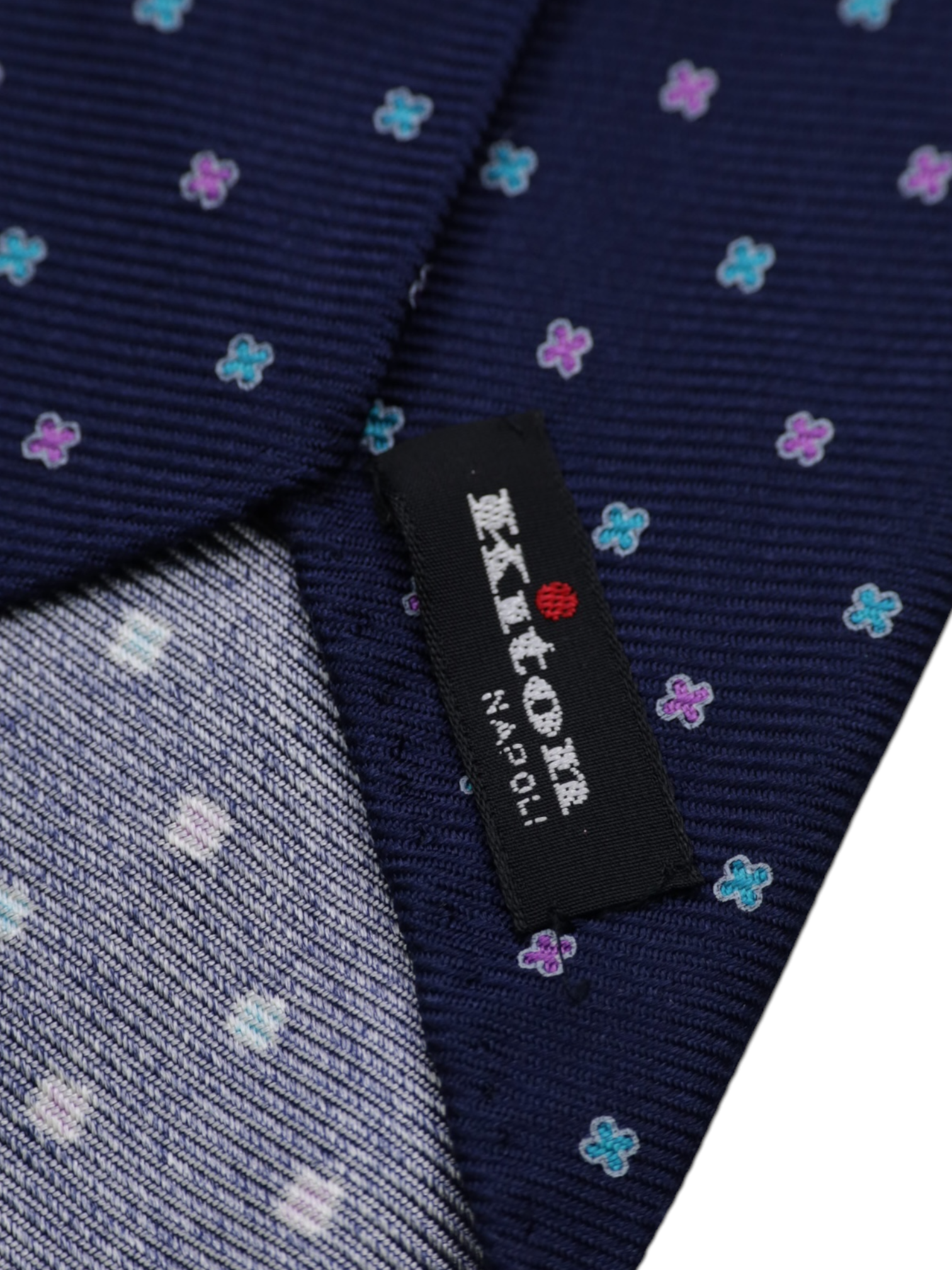 Kiton 5-Fold Navy Handrolled Silk Multicolor Geometric Pattern Tie
