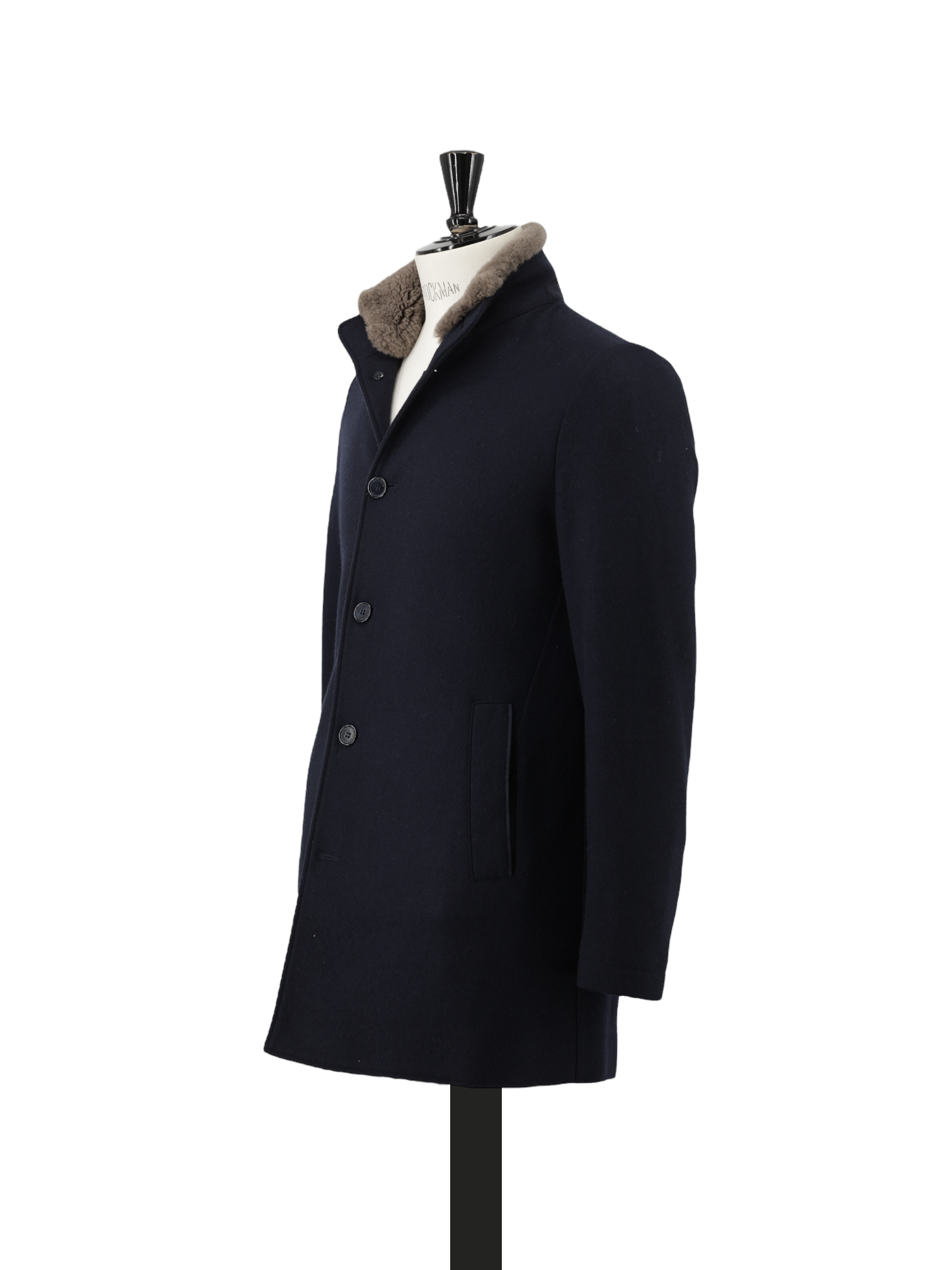 Mandelli Navy Double-Faced Stretch Cashmere & Castorino Fur Collar Overcoat