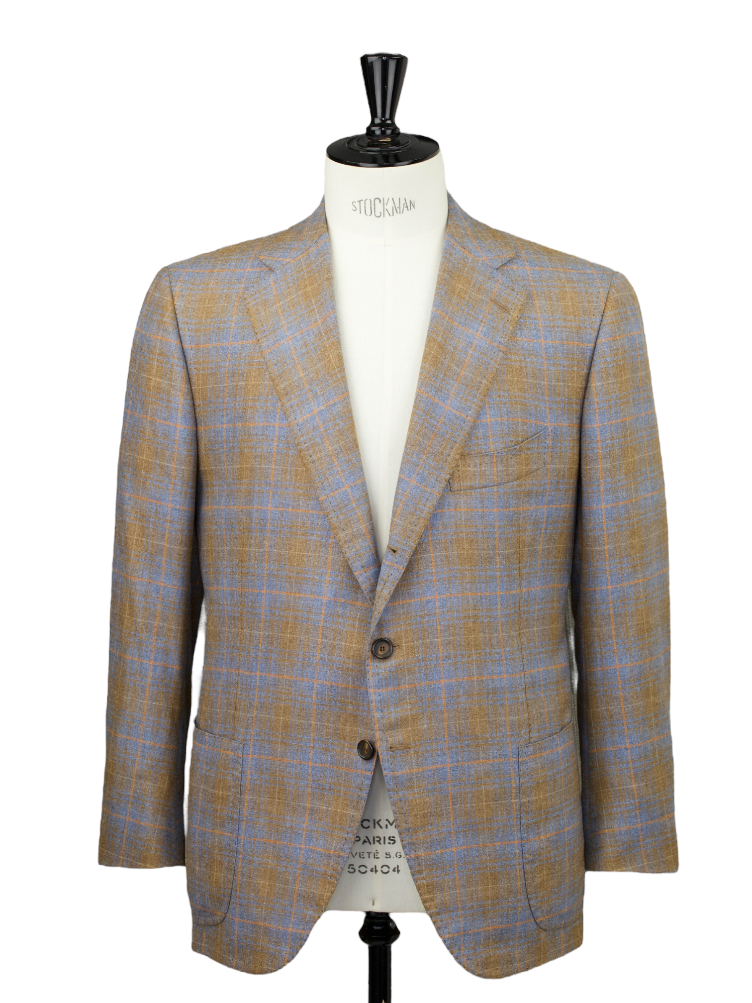 Cesare Attolini Taupe, Light Blue & Orange Silk & Cashmere Check Jacket