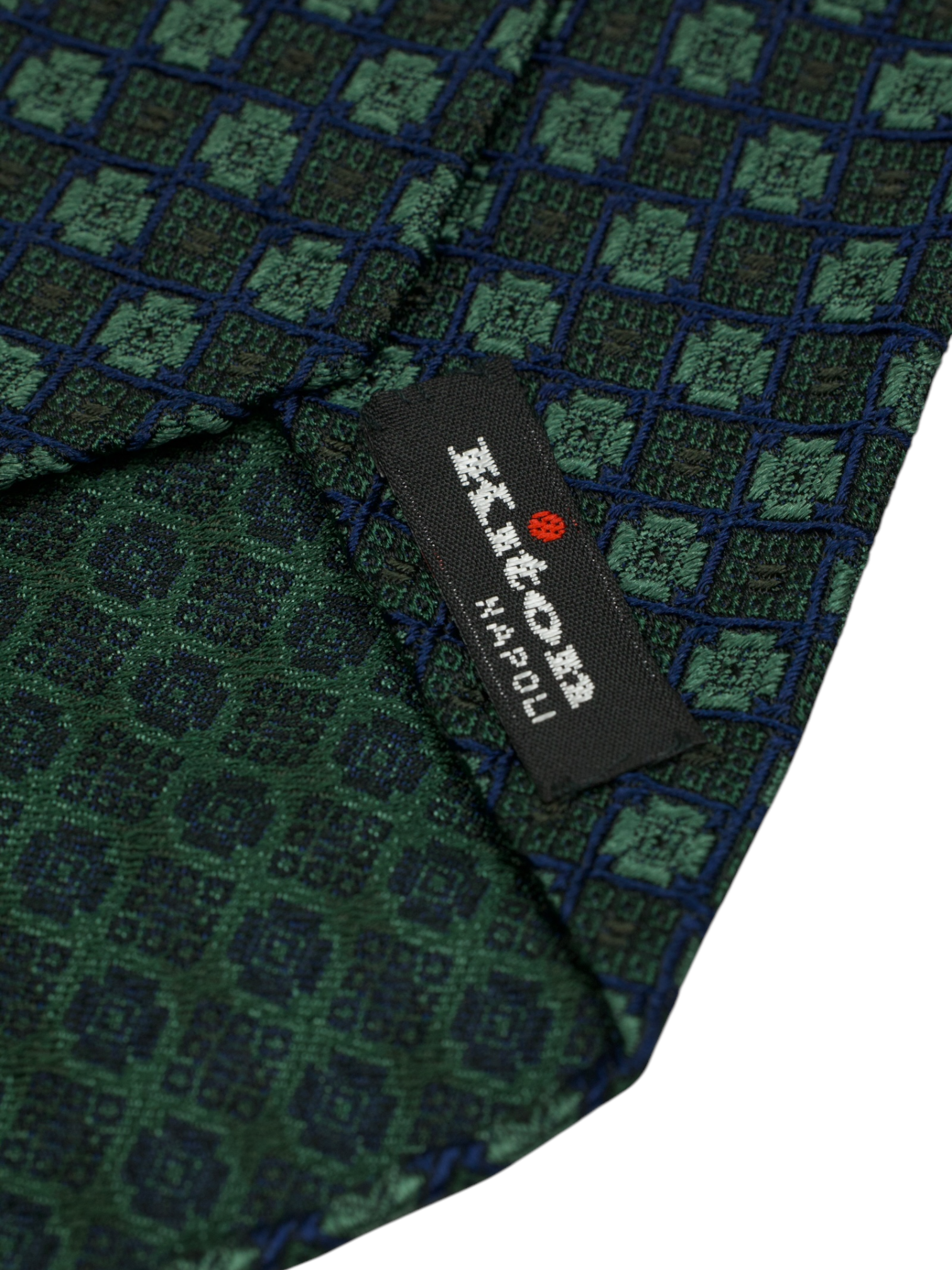 Kiton 5-Fold Dark Green Handrolled Silk Jacquard Geometric Pattern Tie