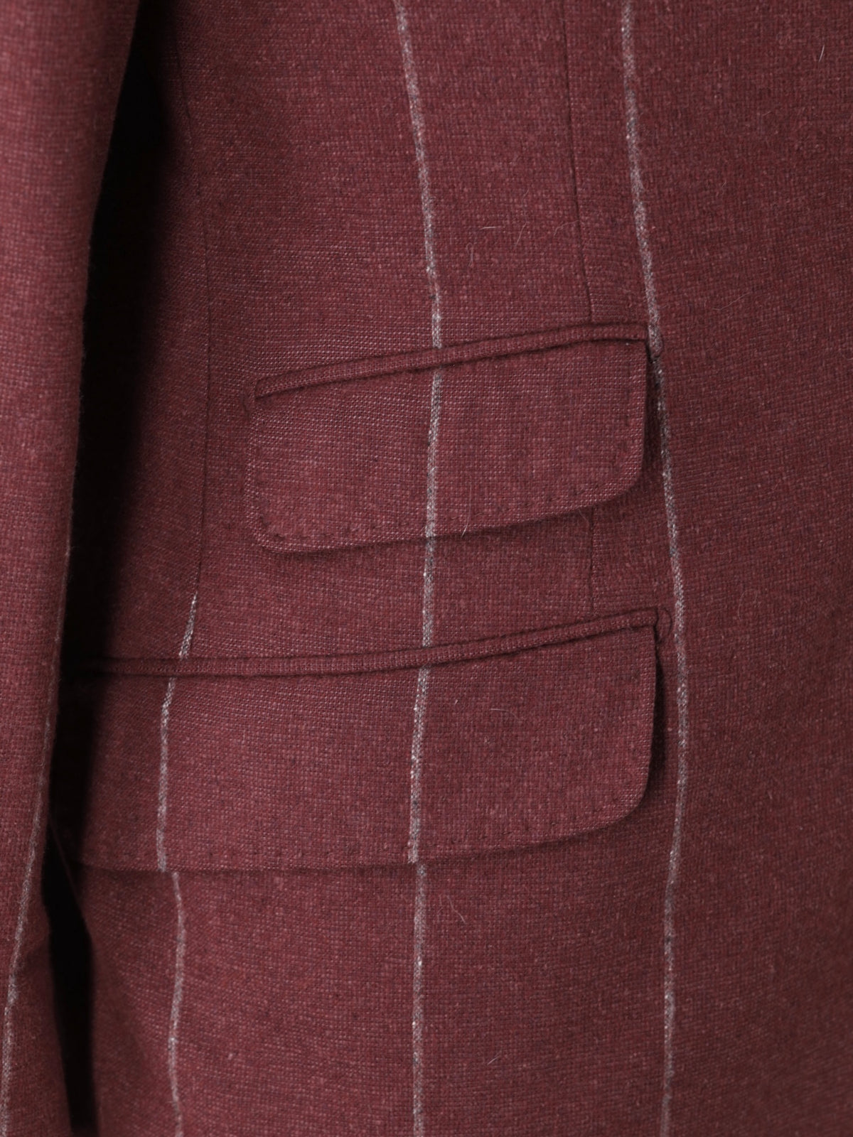Brunello Cucinelli Dark Red Silk, Wool & Cashmere Double Breasted Chalkstripe Jacket