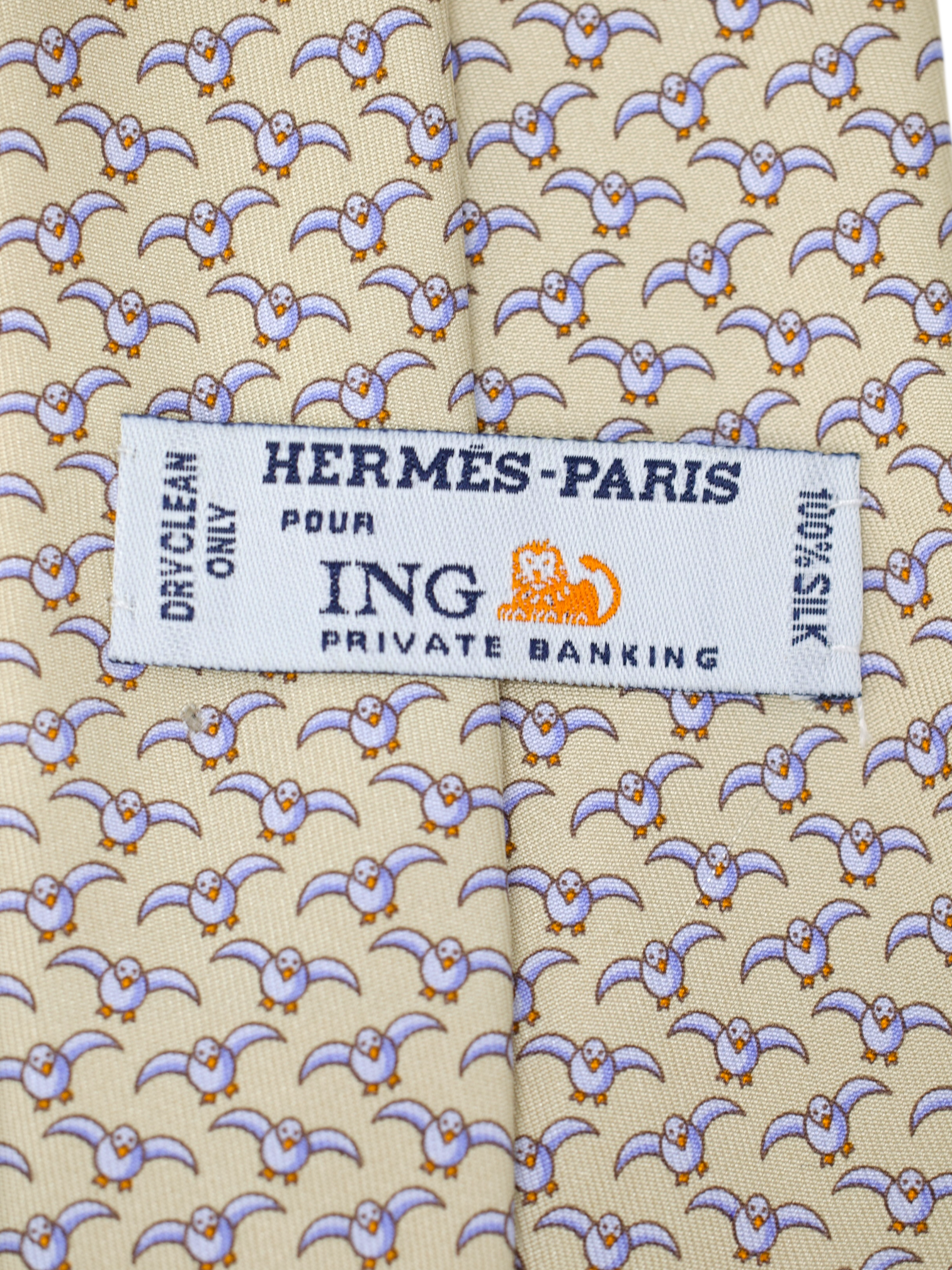 Hermès x ING Private-Banking Taupe Silk Seagull-Pattern Tie