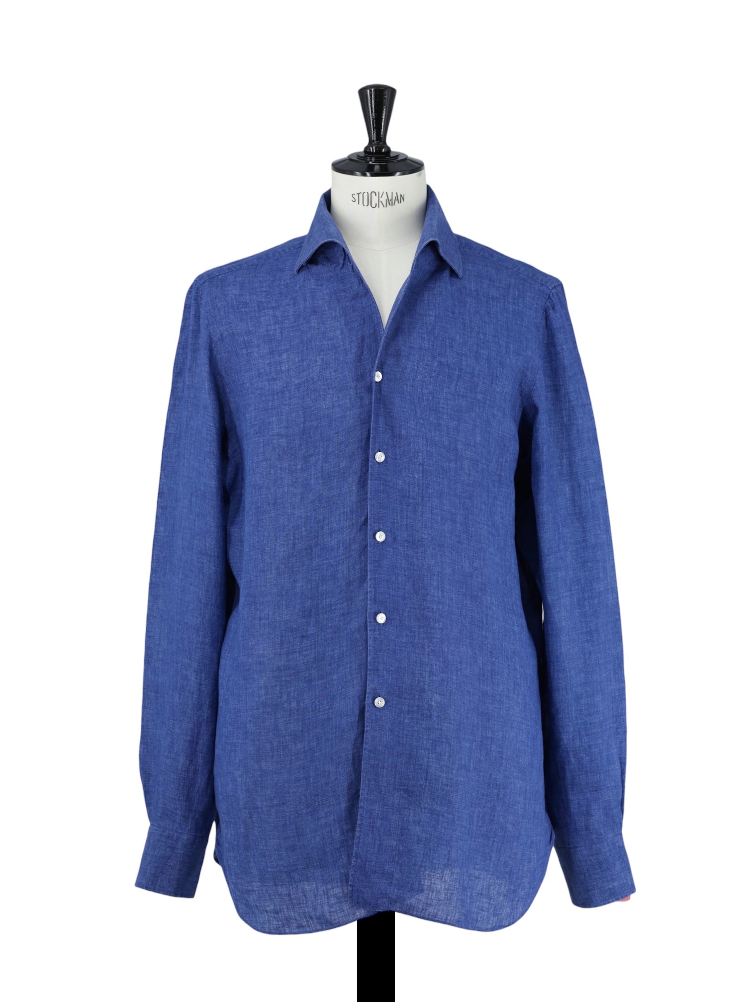 Finamore Denim Blue Pure-Linen One-Piece Collar Summer Shirt