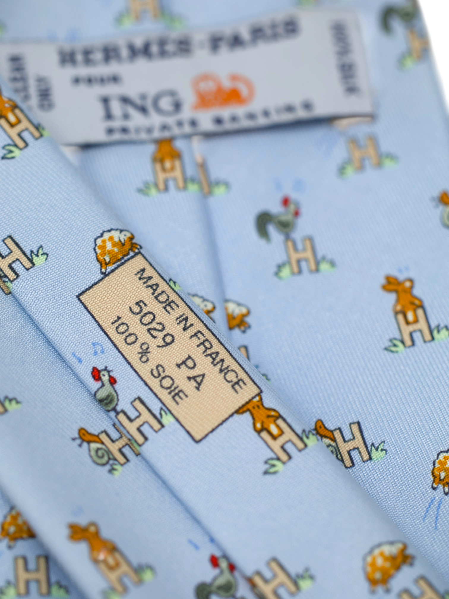 Hermès x ING Private-Banking Ice Blue Silk Animal-Pattern Tie