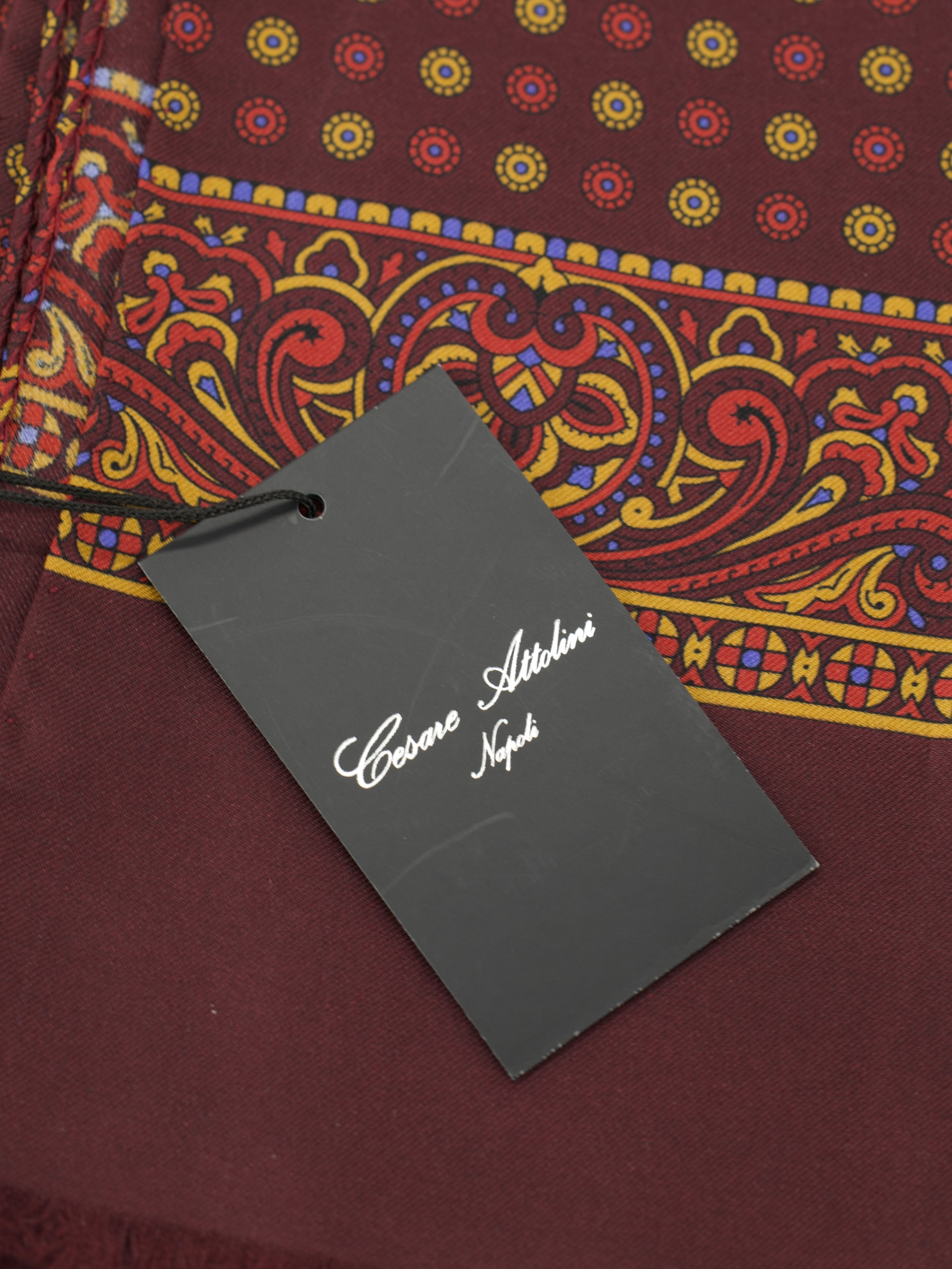Cesare Attolini Wine Red & Yellow Silk Floral Foulard Scarf