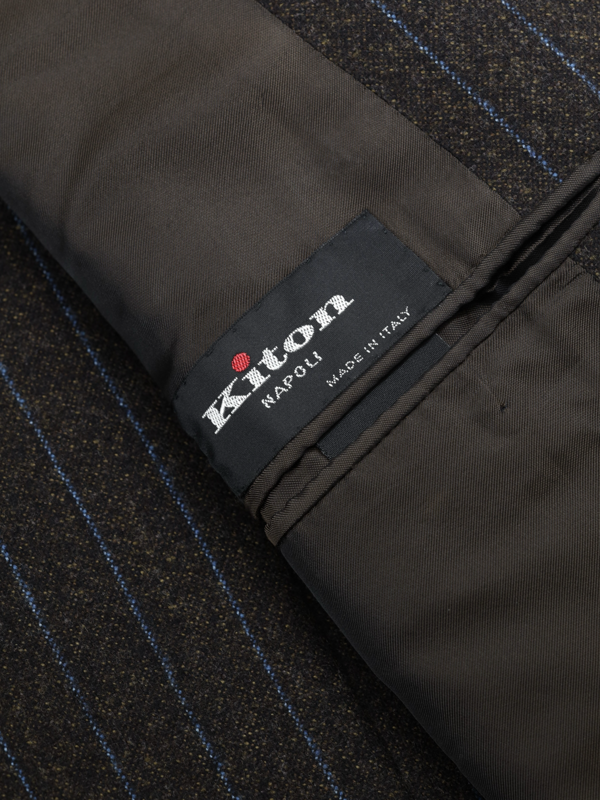 Kiton Dark Taupe & Azure Blue Brushed-Wool Pinstripe Suit