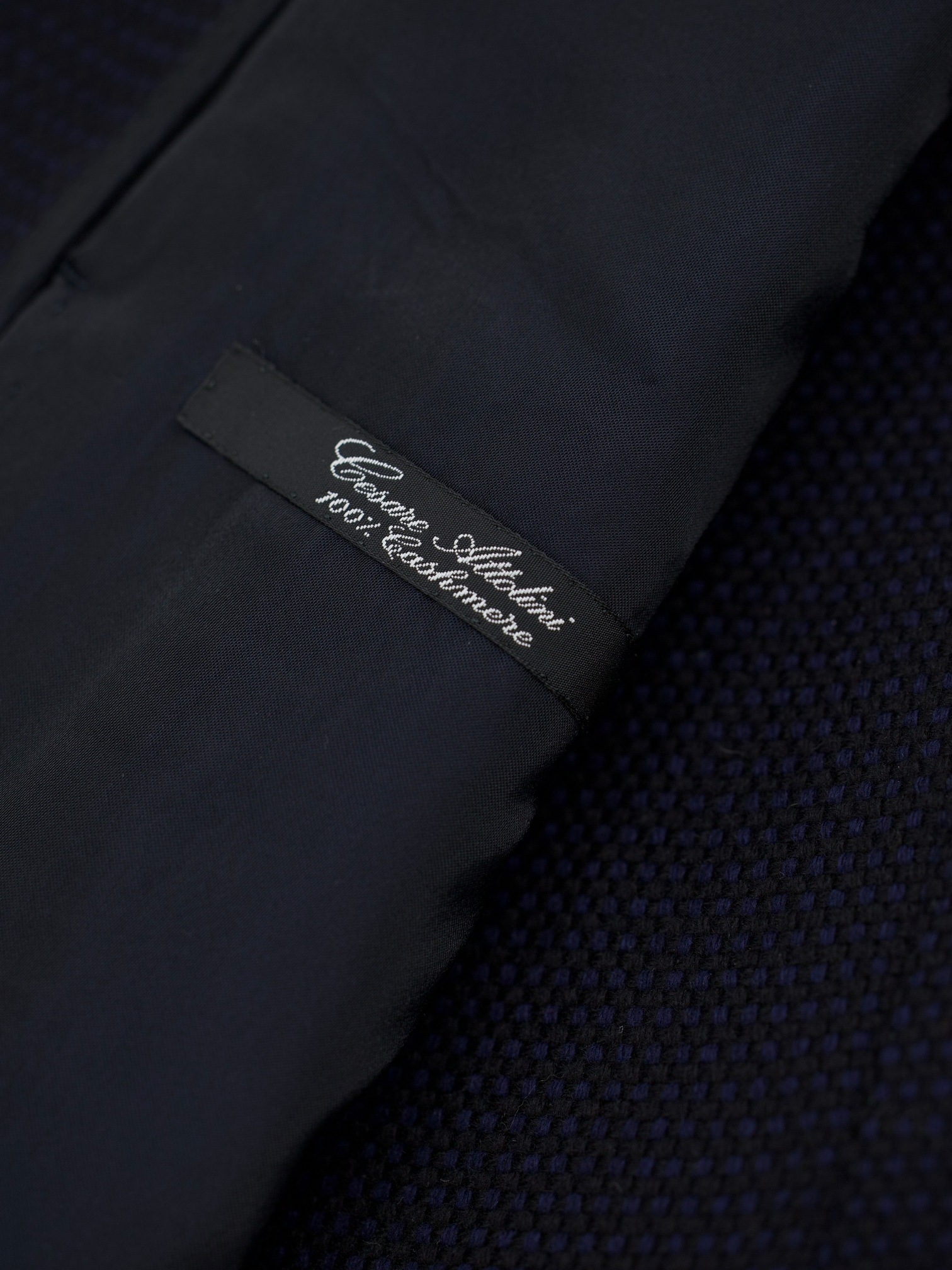 Cesare Attolini Navy Pure Cashmere Bicolor Micro-Pattern Covert Coat