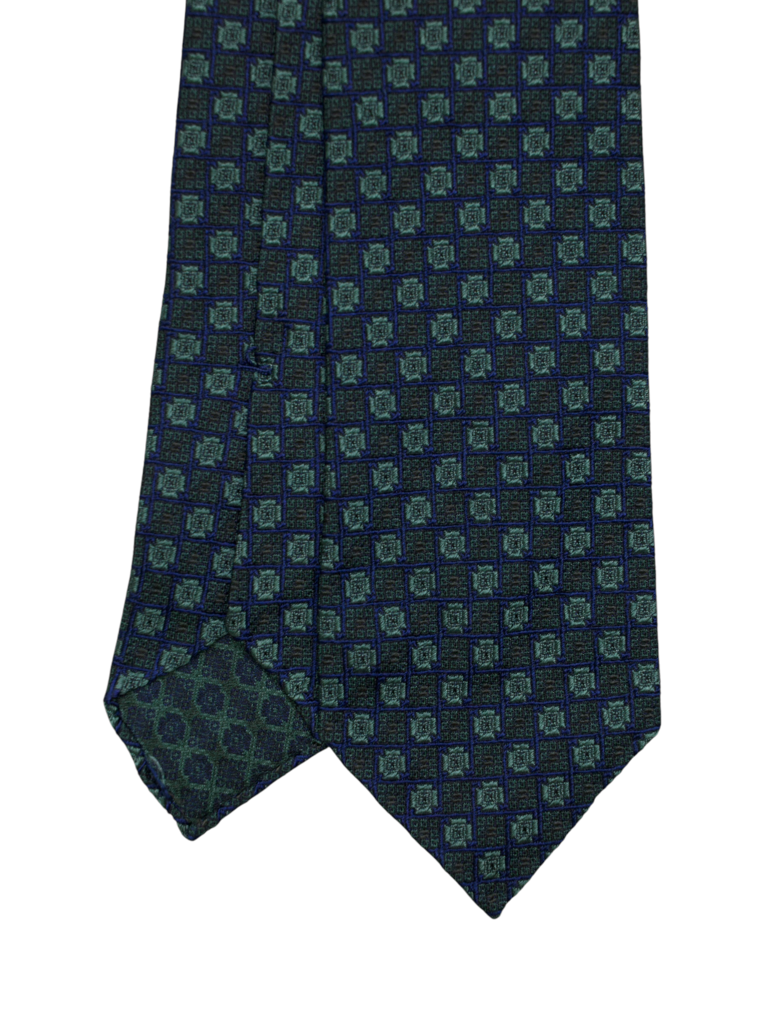 Kiton 5-Fold Dark Green Handrolled Silk Jacquard Geometric Pattern Tie