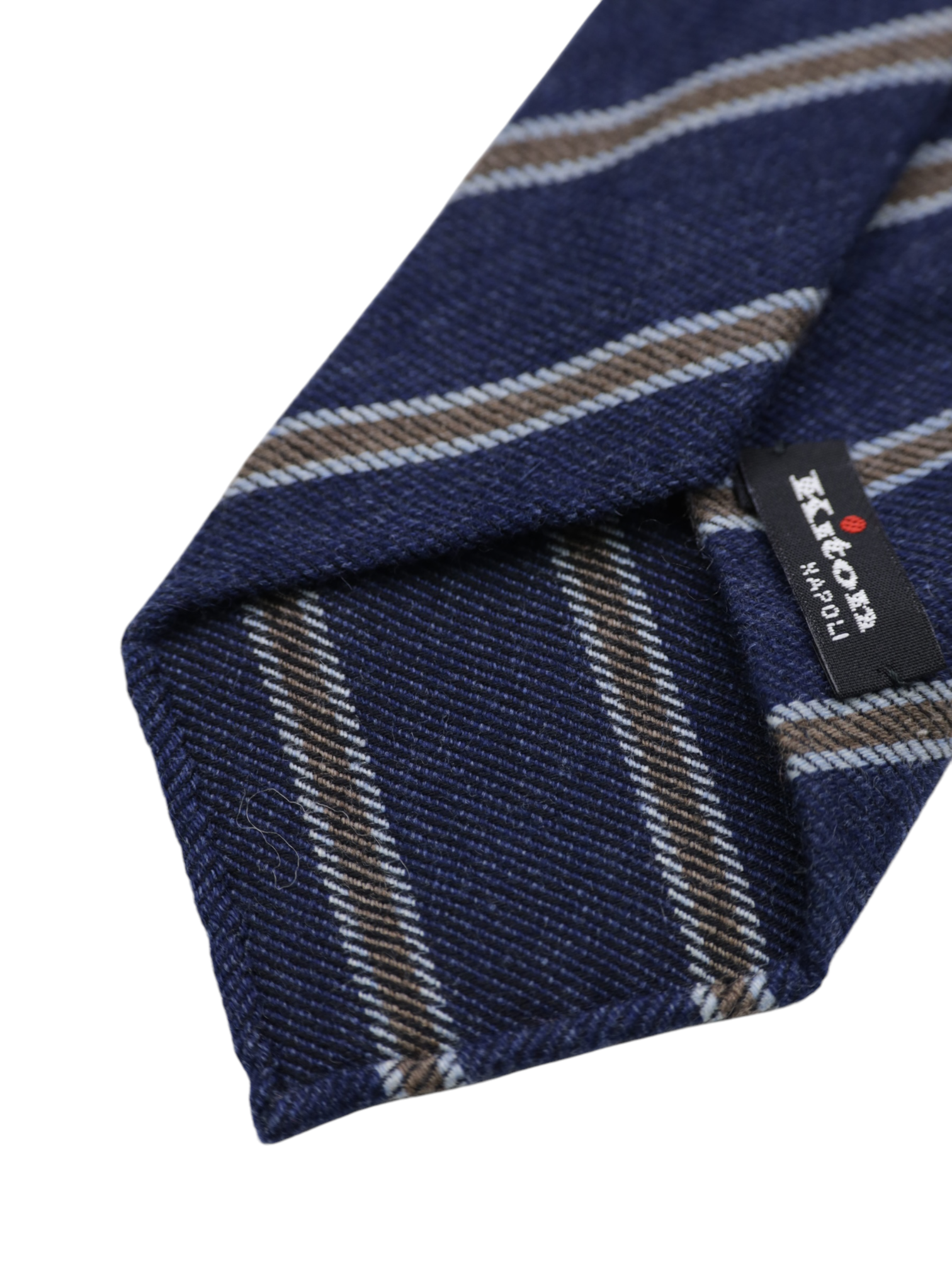 Kiton 5-Fold Indigo Blue & Brown Handrolled Cashmere, Wool & Silk Striped Tie
