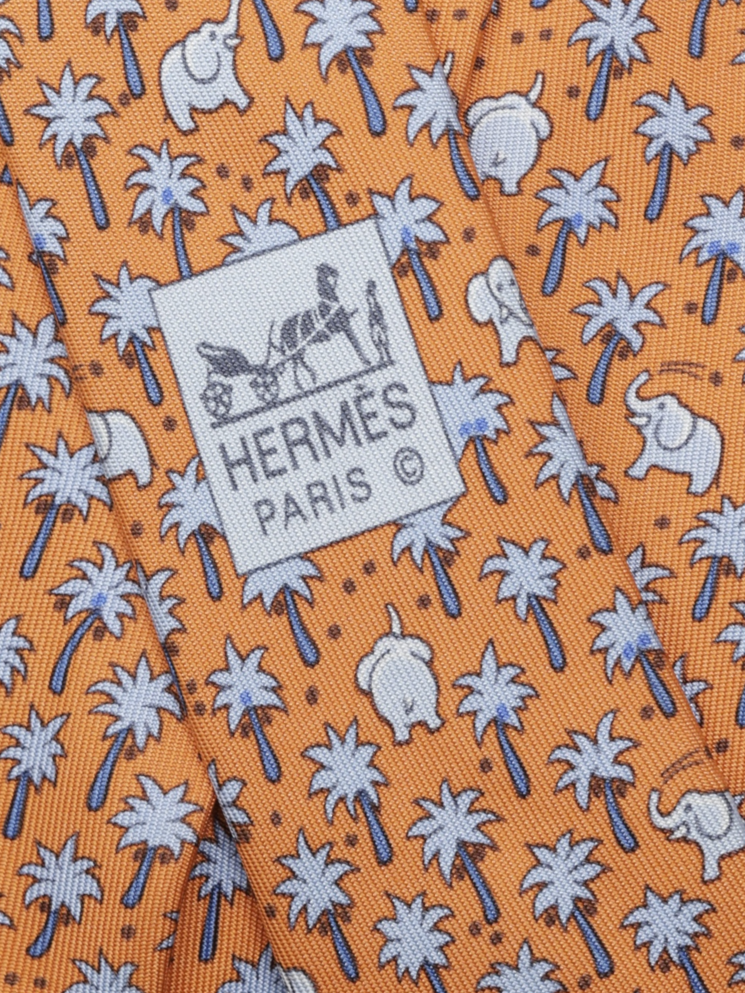 Hermès Orange & Steel Blue Elephants-Pattern Tie