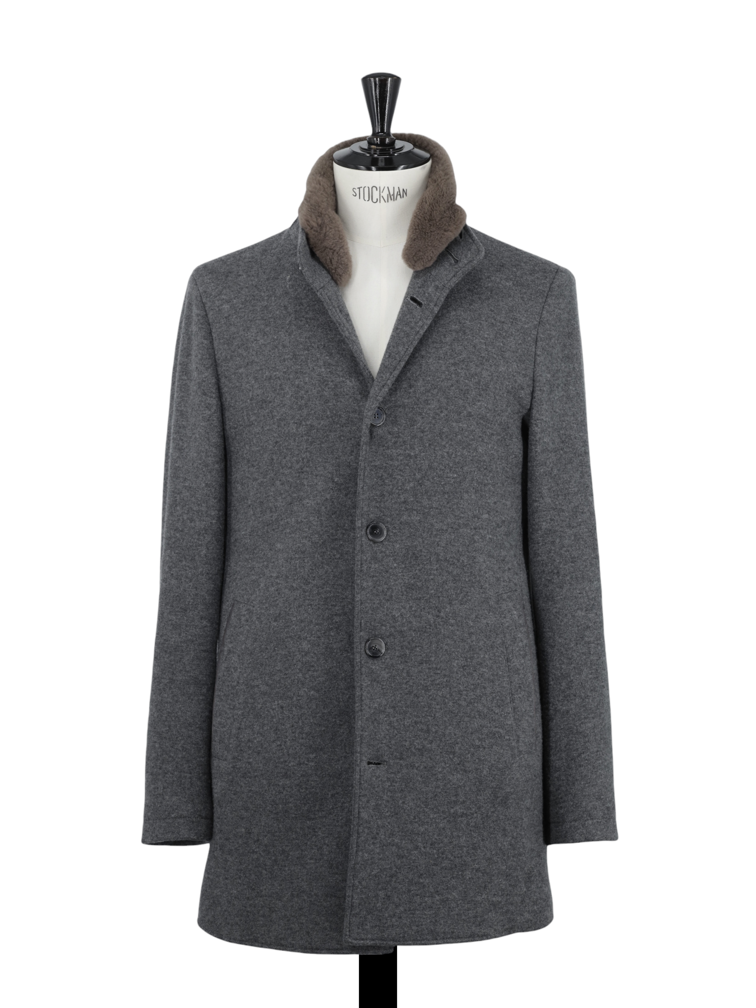 Mandelli Grey Double-Faced Cashmere & Stretch Castorino-Fur Collar Coat