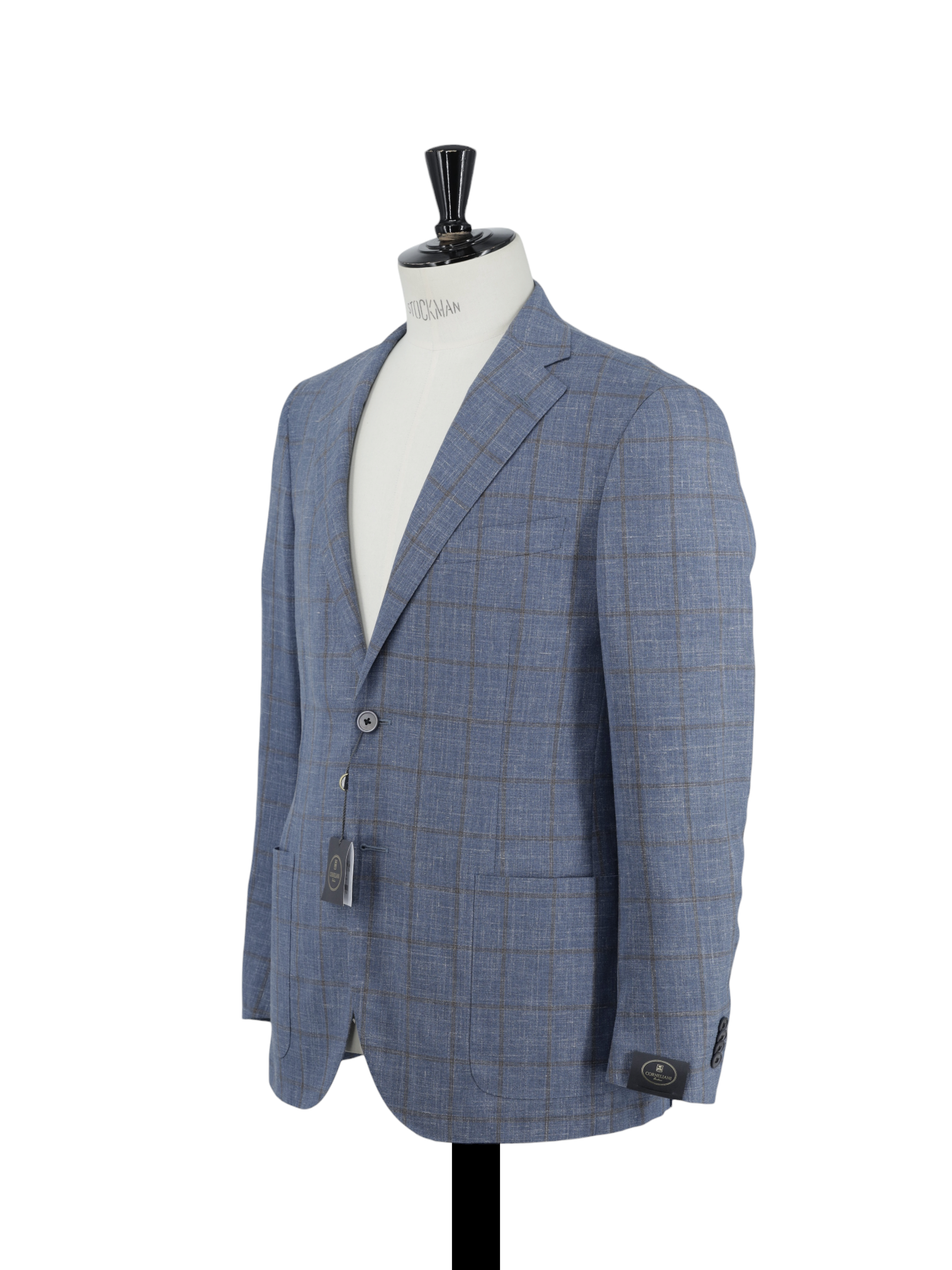 Corneliani Chambray Blue & Brown Wool, Silk & Linen Windowpane Jacket