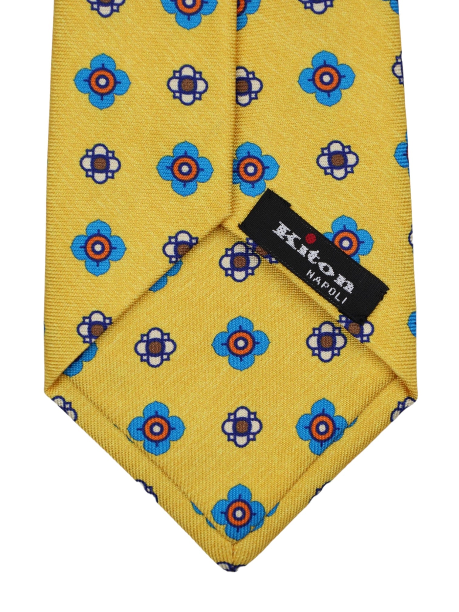 Kiton 5-Fold Yellow & Blue Vintage Geometric Silk Tie