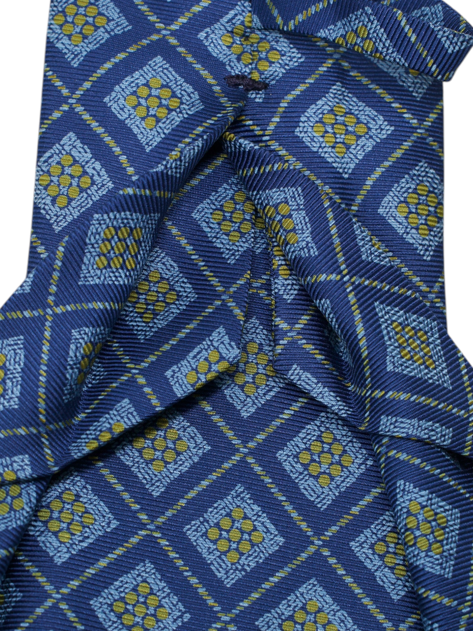 Kiton 5-Fold Denim Blue & Yellow Silk Square-Medaillon Pattern Tie