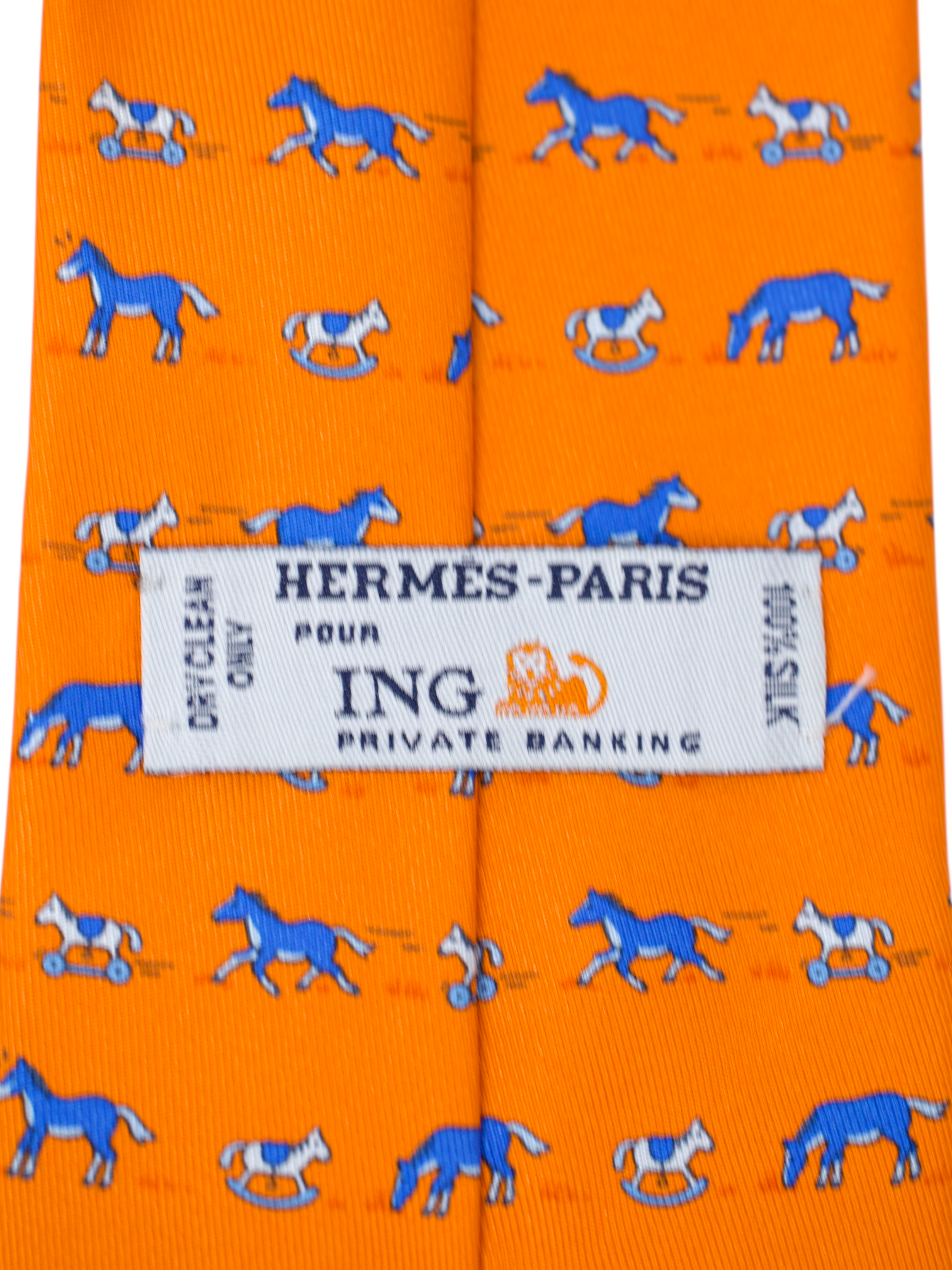 Hermès x ING Private-Banking Orange & Blue Silk Horse-Pattern Tie