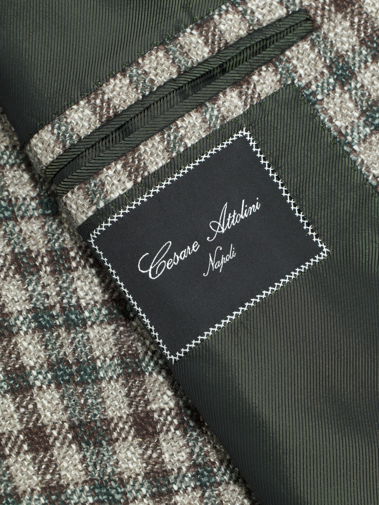 Cesare Attolini Light Brown & Green Wool-Silk Blend Gingham-Check Jacket