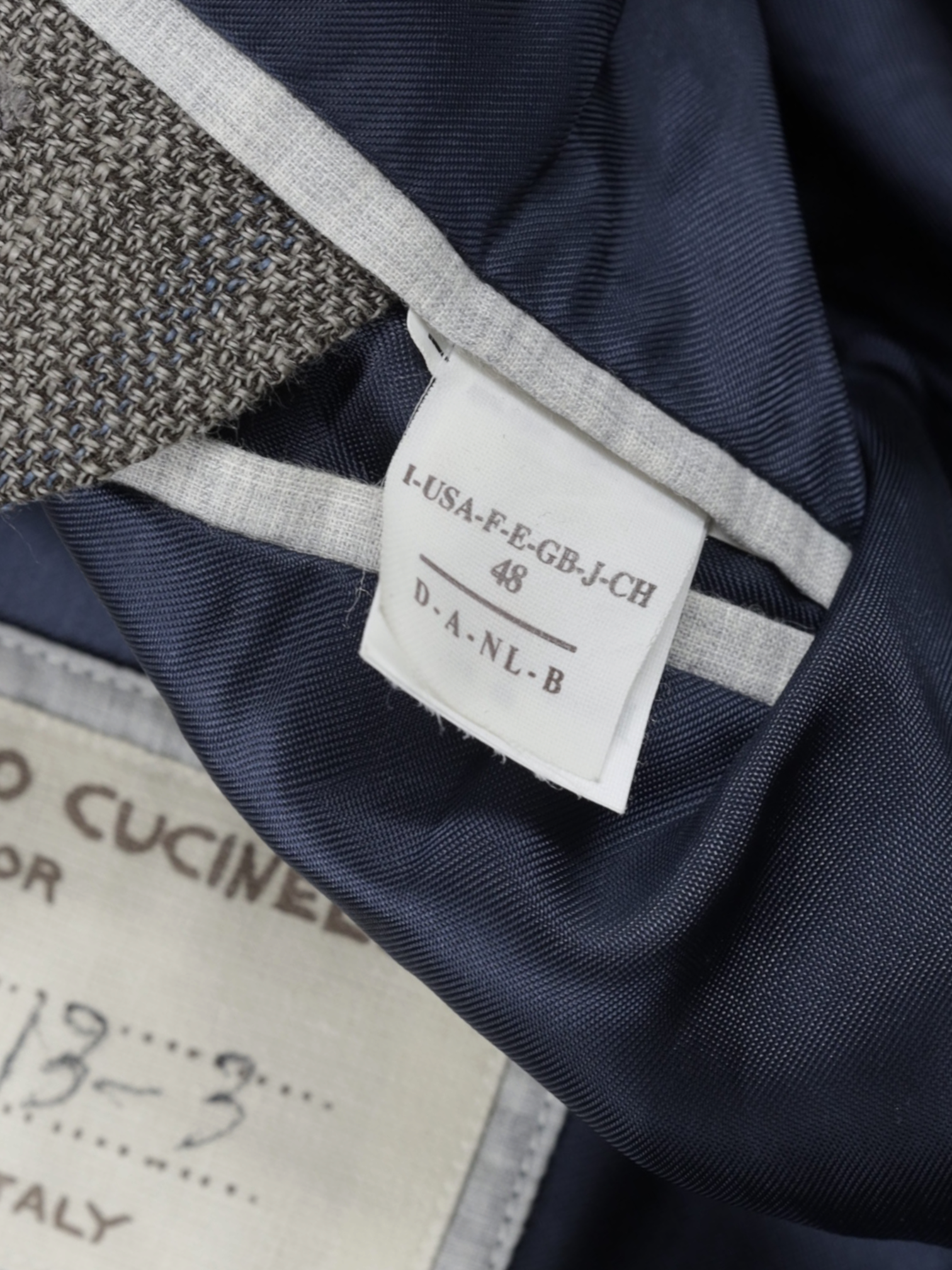 Brunello Cucinelli Light Brown & Chambray Blue Linen, Wool & Silk Windowpane Jacket