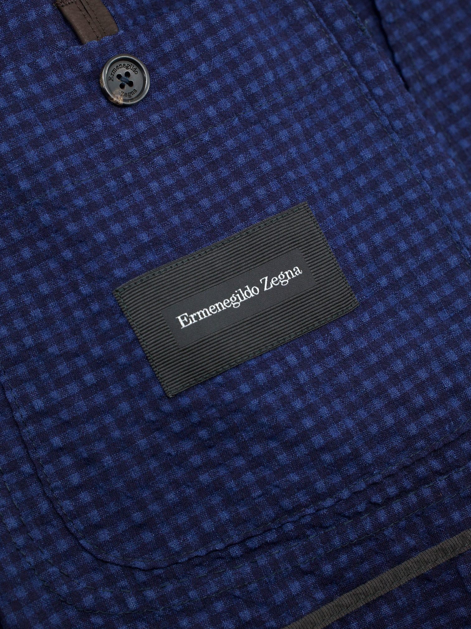 Ermenegildo Zegna Dark Blue Wool, Linen, Silk & Stretch Seersucker Gingham Jacket