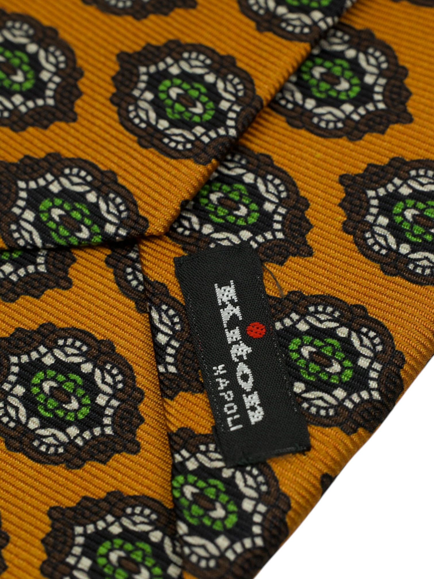 Kiton 5-Fold Orange & Green Silk Medallion Pattern Tie