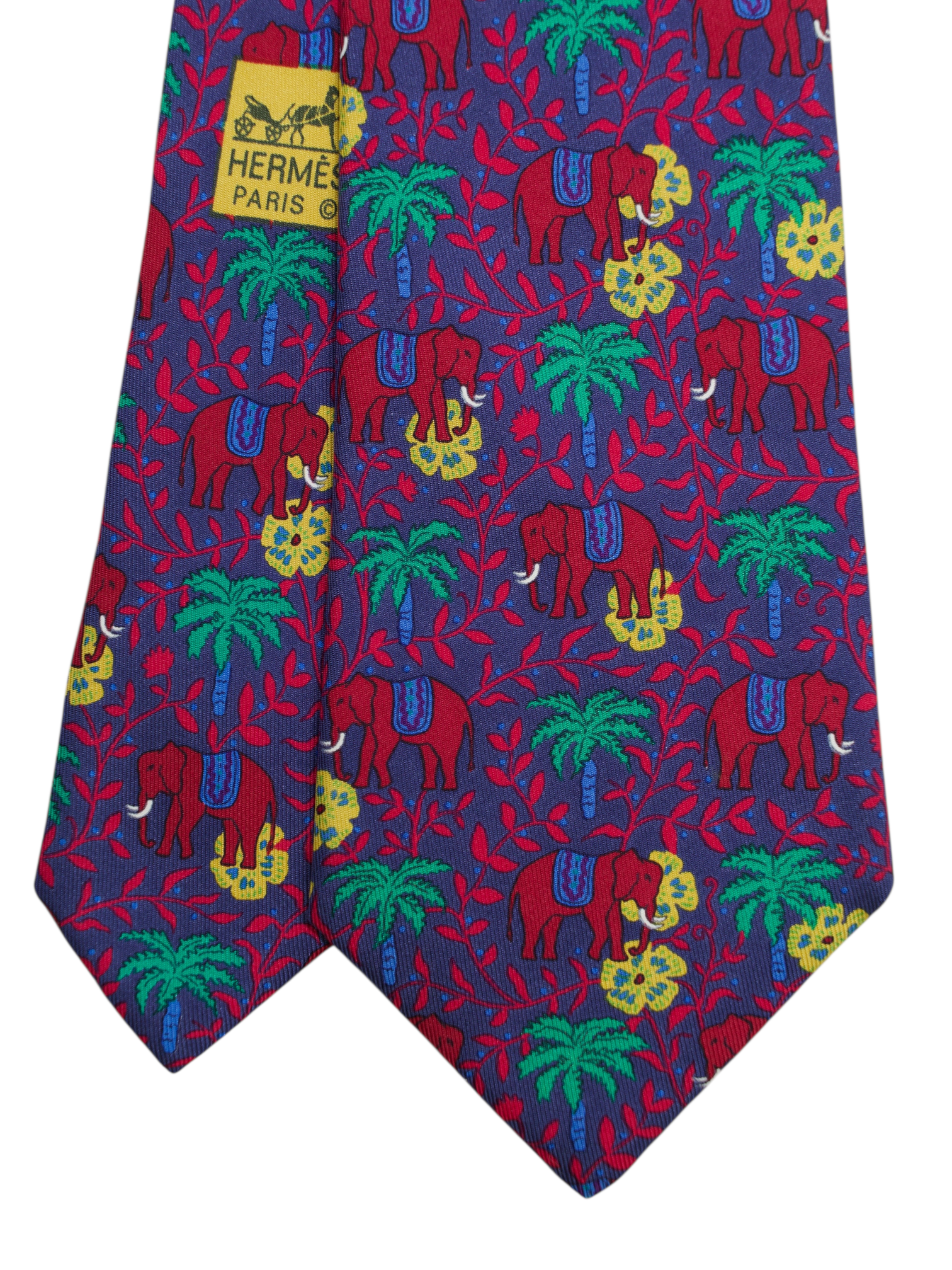 Hermès Blue Multicolor Silk Elephant Pattern Tie