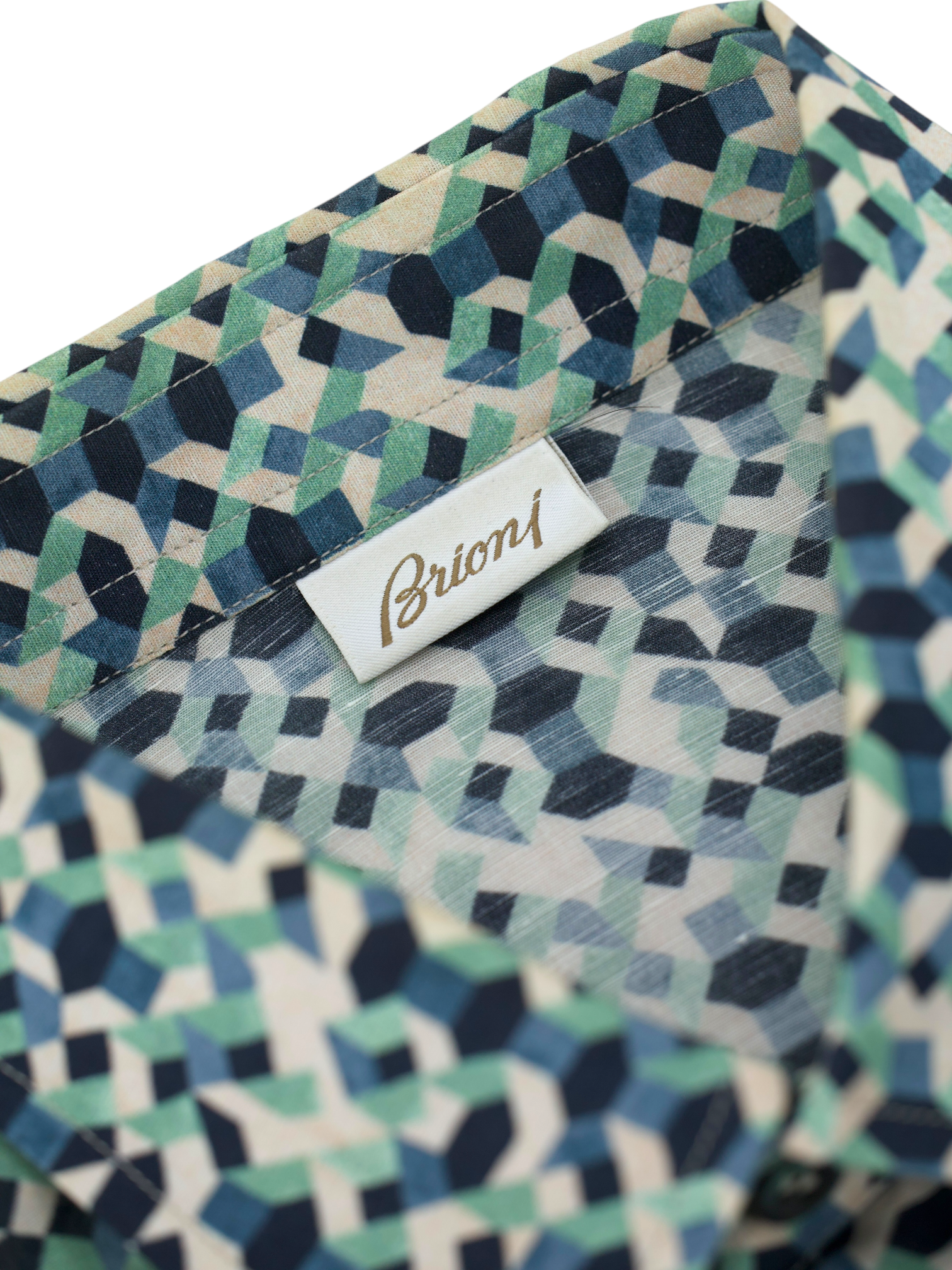Brioni White Multicolor Linen & Cotton Geometric Pattern Summer Shirt