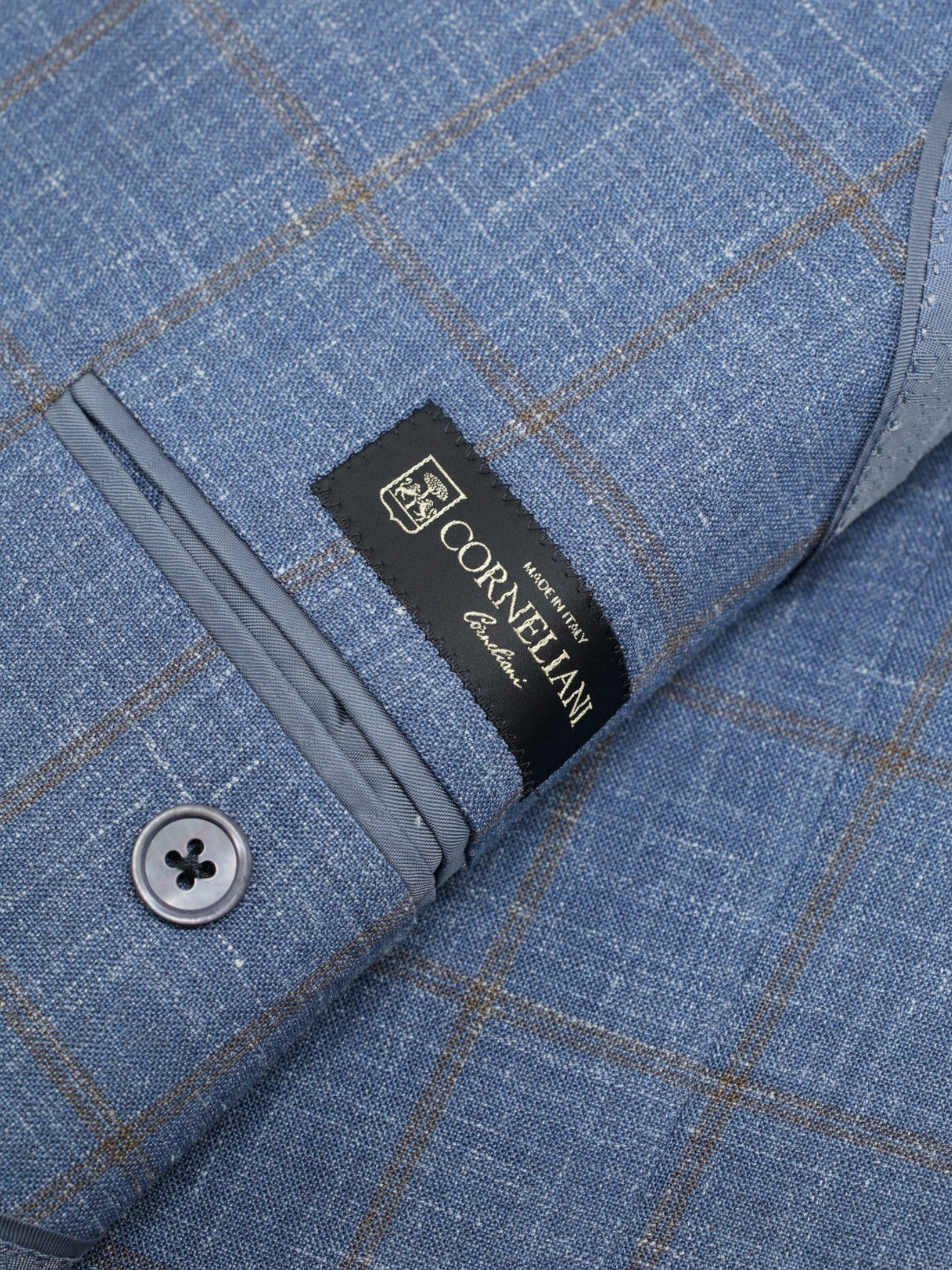 Corneliani Chambray Blue & Brown Wool, Silk & Linen Windowpane Jacket