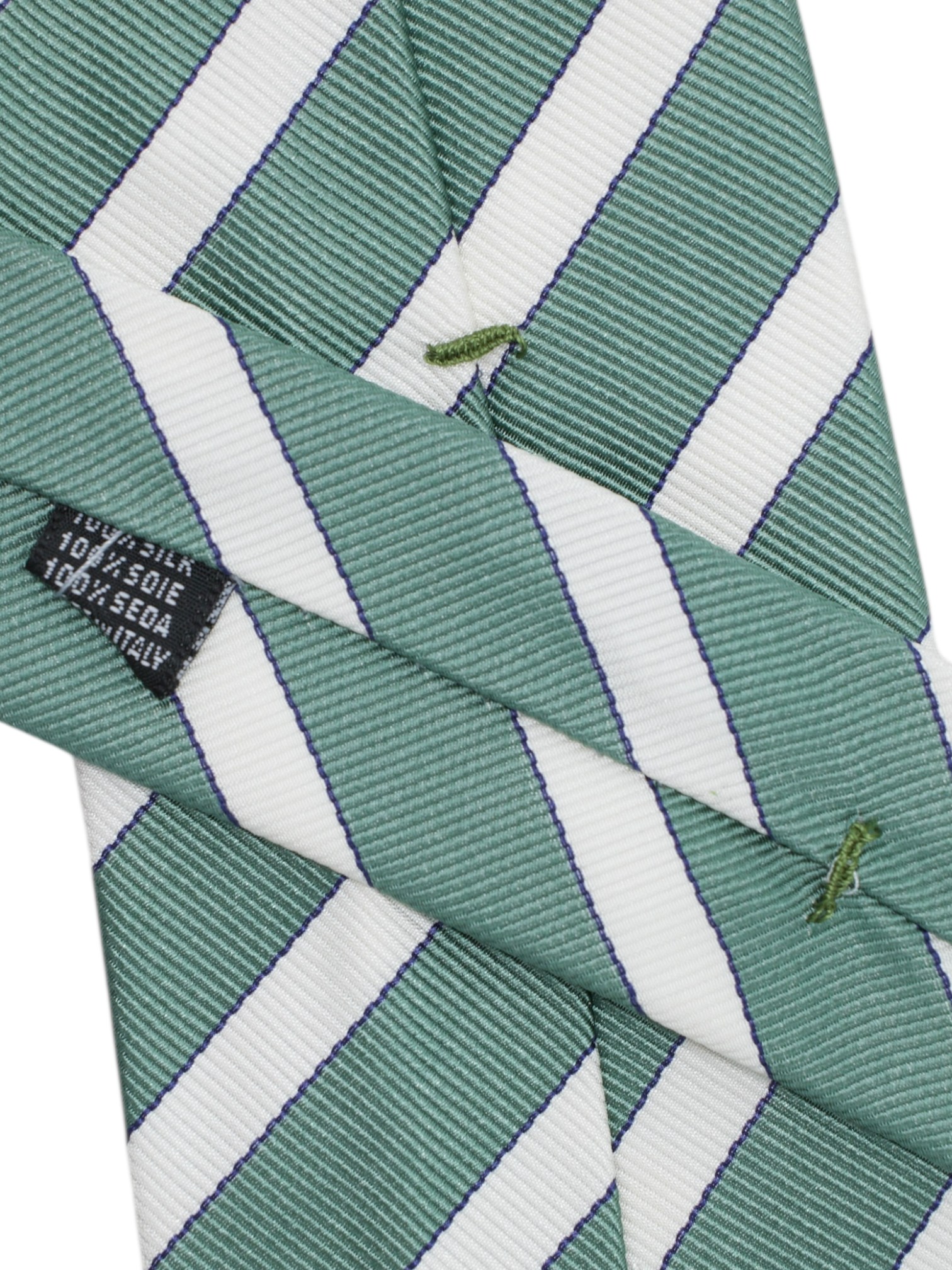 Cesare Attolini Sage Green & White Handrolled Silk Club Stripe Tie