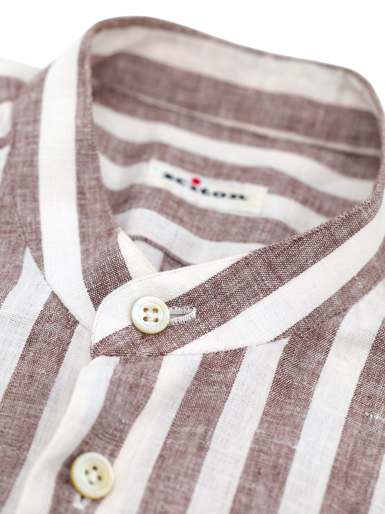 Kiton Brown & White Pure Linen Bengal Stripe Mandarin-Collar Shirt
