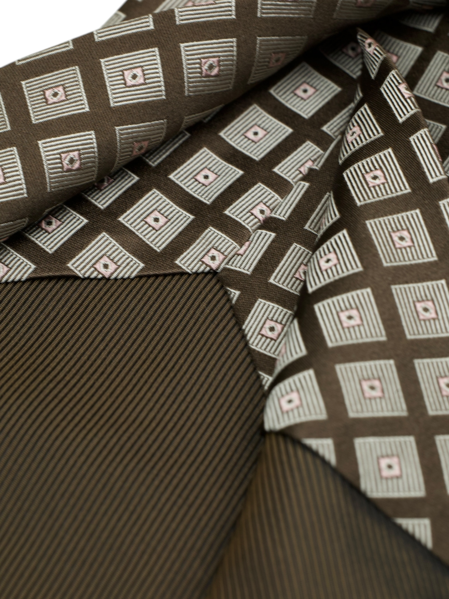 Kiton 5-Fold Dark Brown & Taupe Silk Square Pattern Tie