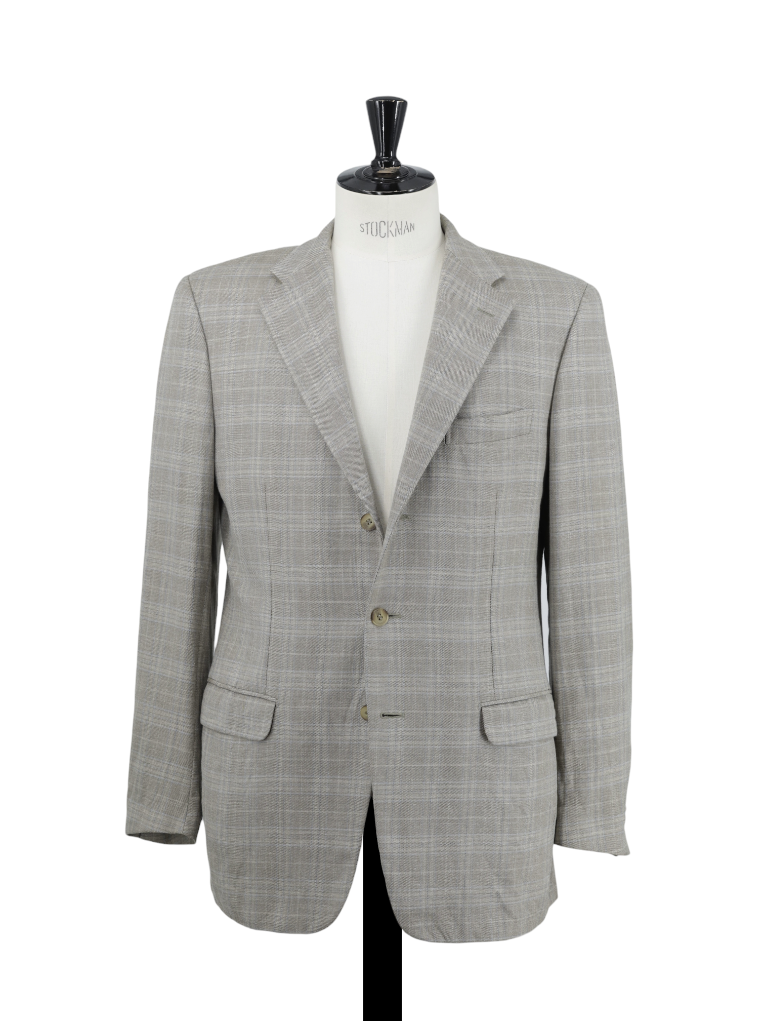 Corneliani Taupe & Light Blue Wool, Silk & Linen Checkered Jacket