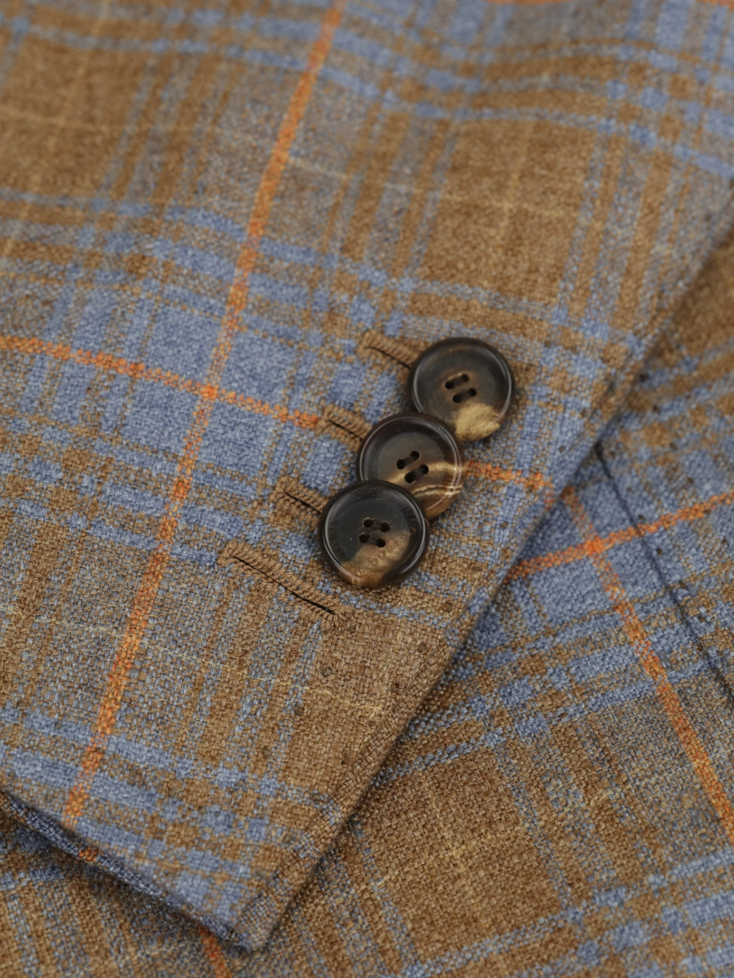 Cesare Attolini Taupe, Light Blue & Orange Silk & Cashmere Check Jacket