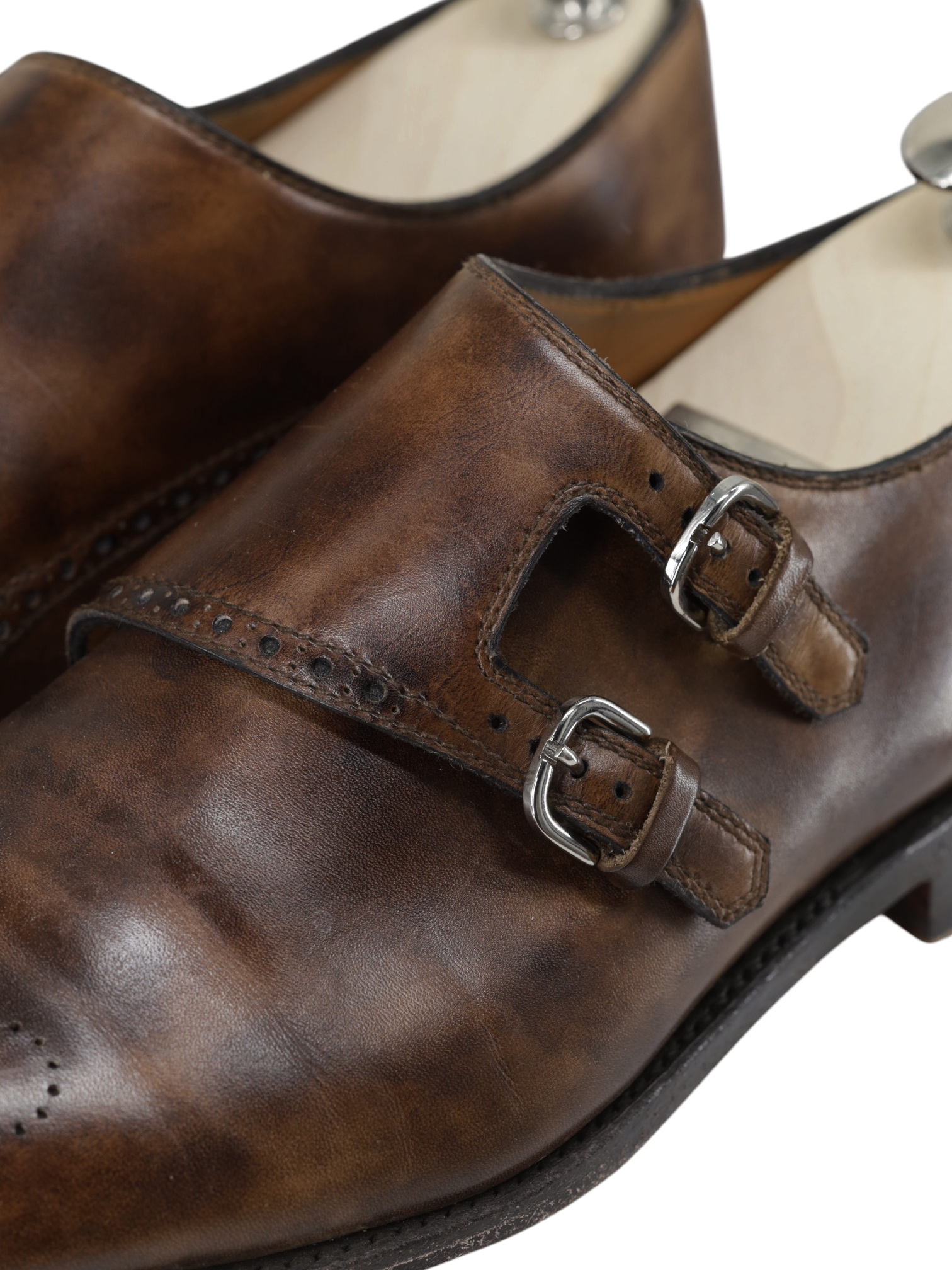 Bontoni Dark Brown Calfleather Perforated Brogue-Style Double Monk + Crocodile Belt