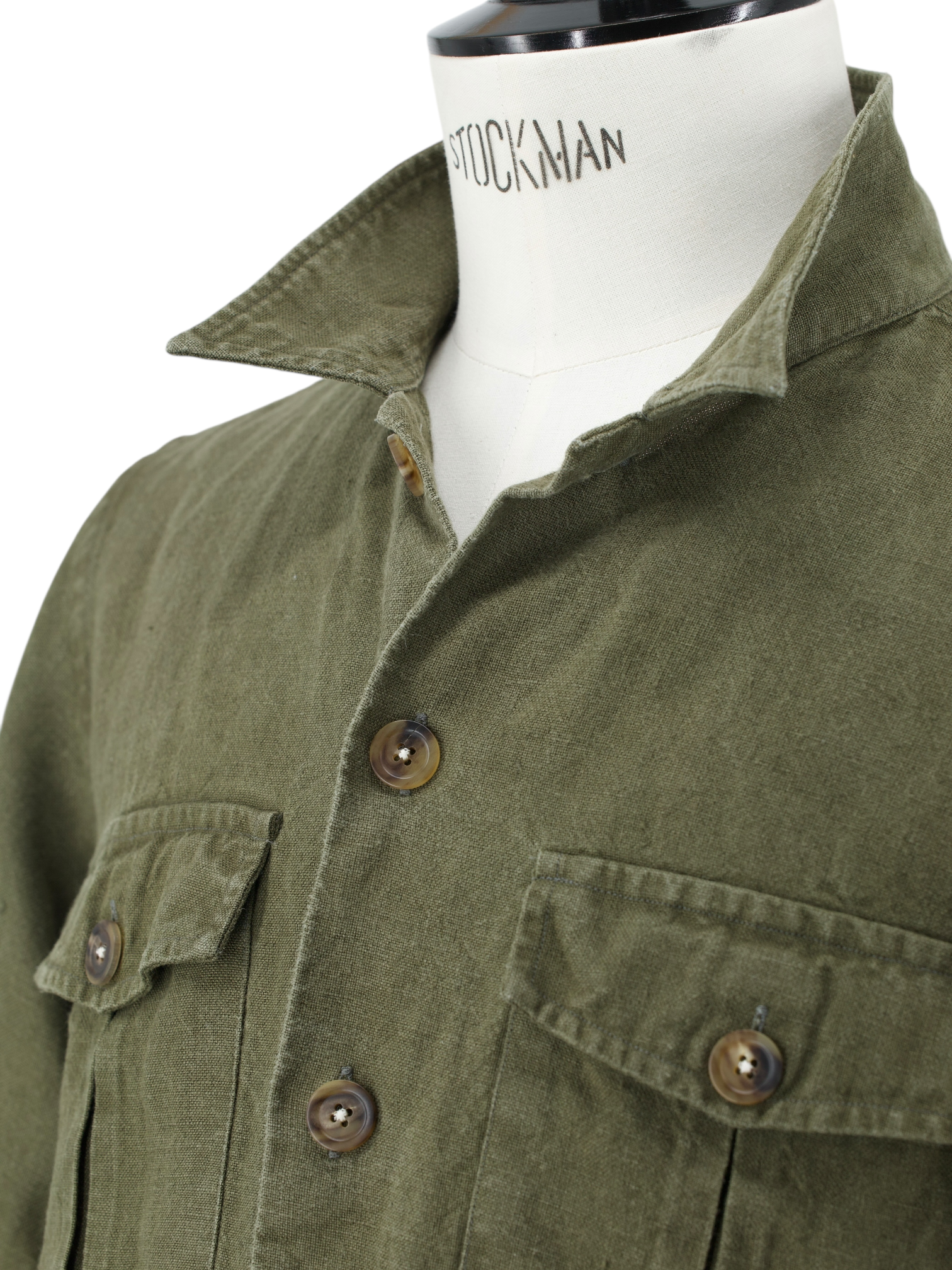 Drake's Olive Green Pure Linen Military-Style Overshirt