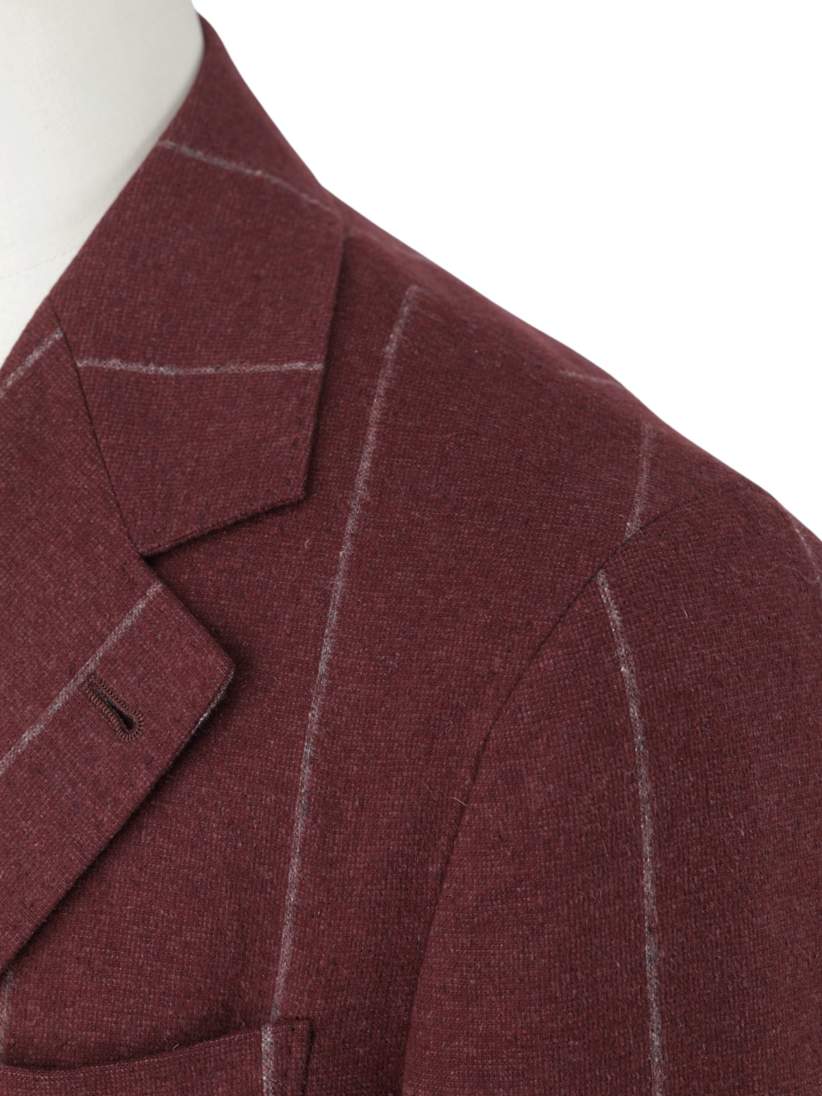 Brunello Cucinelli Dark Red Silk, Wool & Cashmere Double Breasted Chalkstripe Jacket