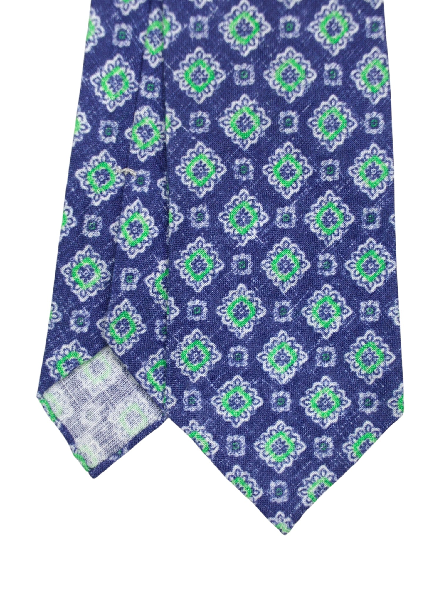 Kiton 5-Fold Denim Blue & Green Handrolled Linen Medallion Pattern Tie