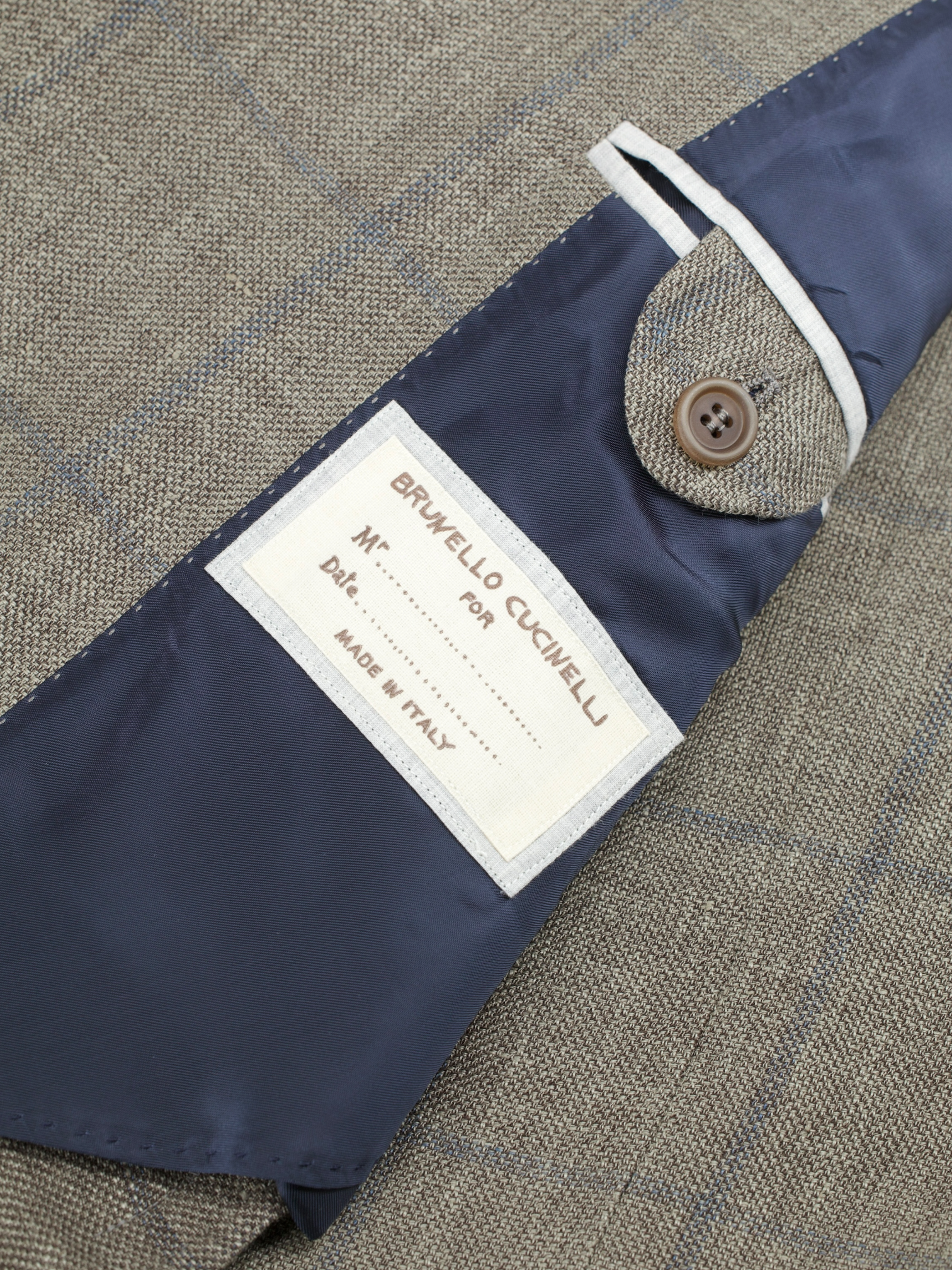Brunello Cucinelli Light Brown & Chambray Blue Linen, Wool & Silk Windowpane Jacket