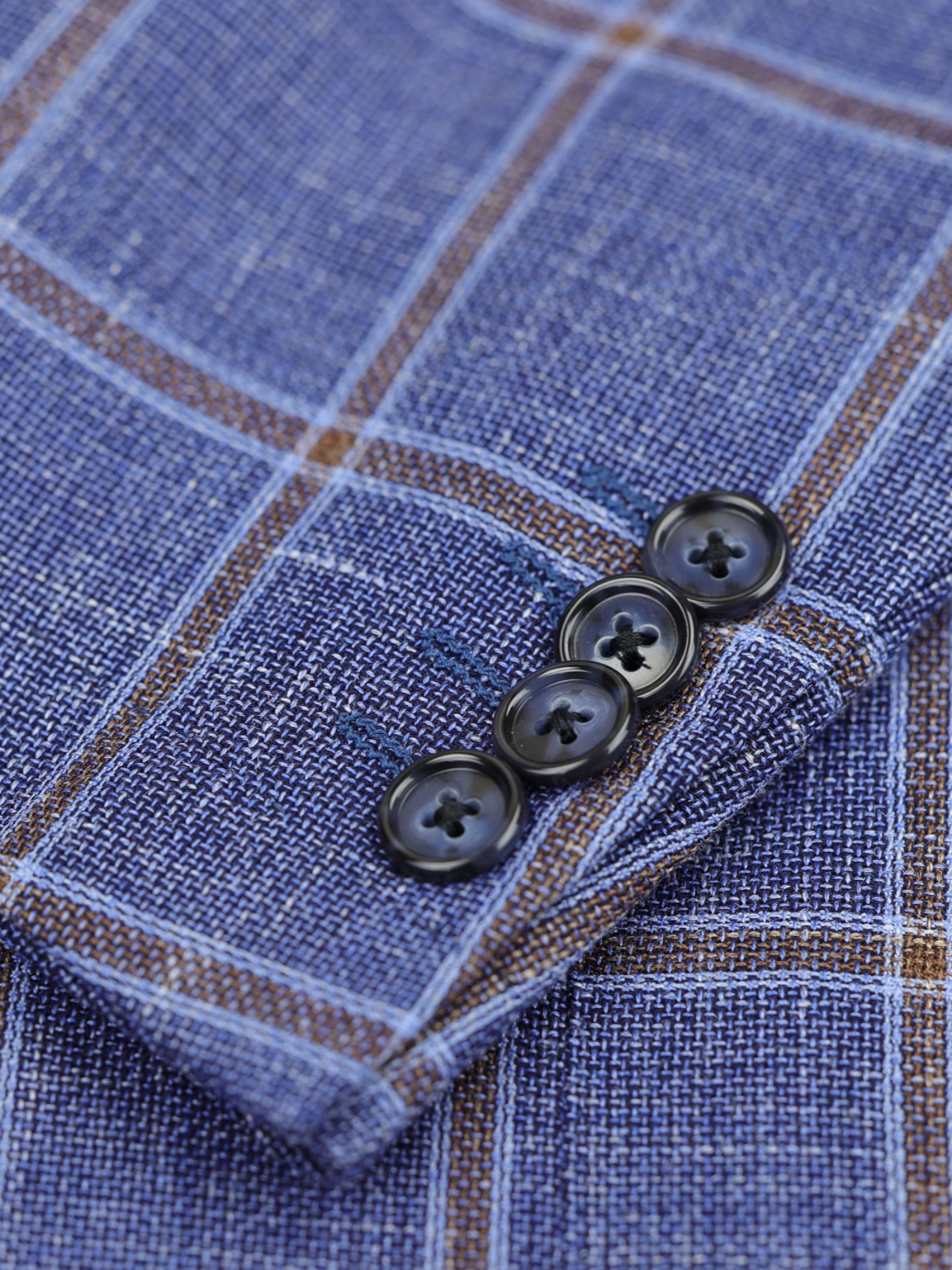 Corneliani Denim Blue & Light Brown Wool, Silk & Linen Windowpane Jacket