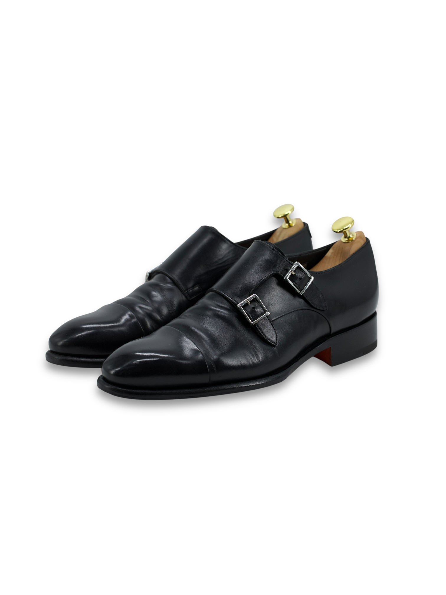 Santoni Black Calfleather Goodyear-Welted Carlos Double Monk-Straps