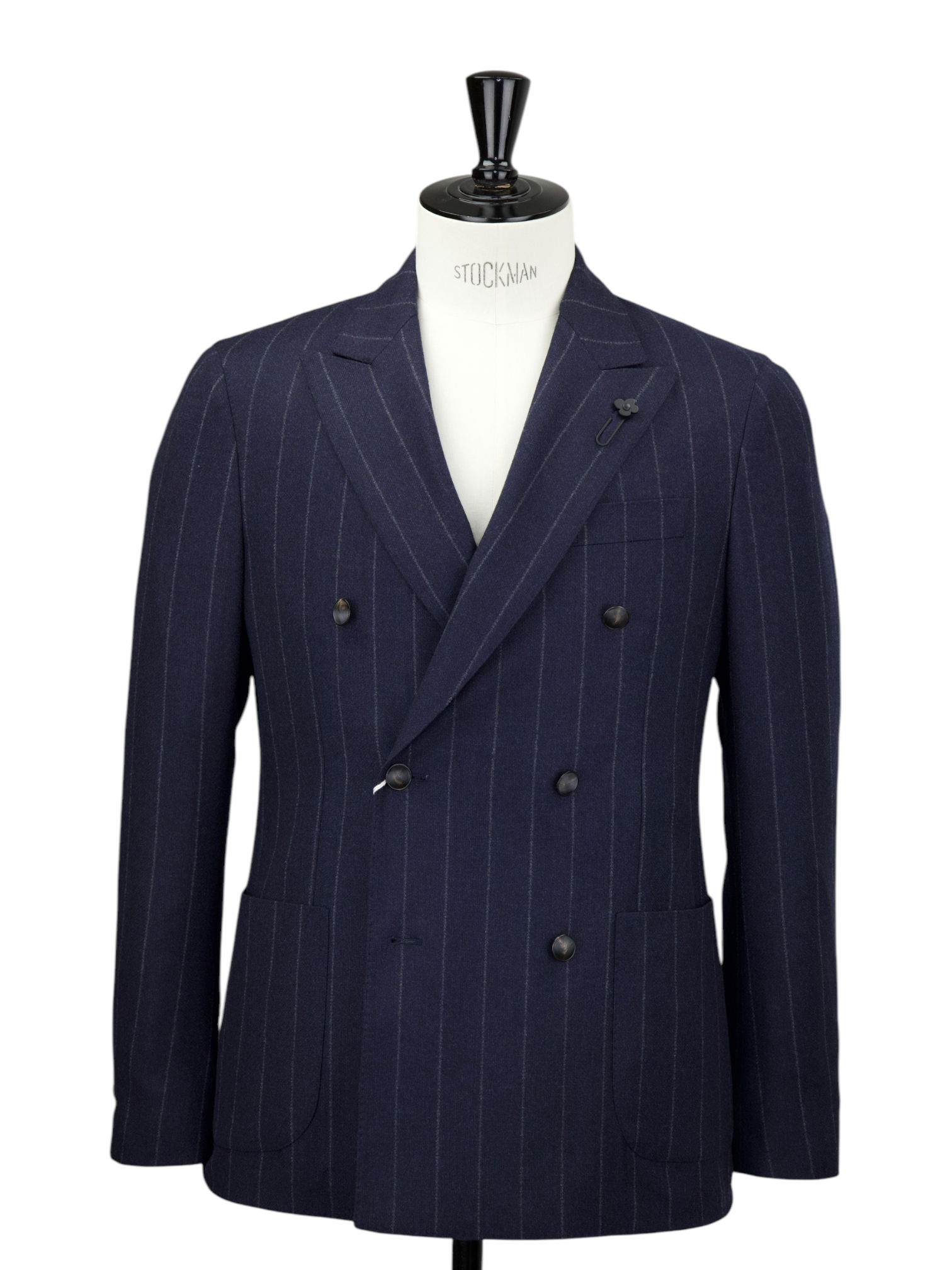 Lardini Navy Double Breasted Wool & Cashmere Flannel Chalkstripe Suit