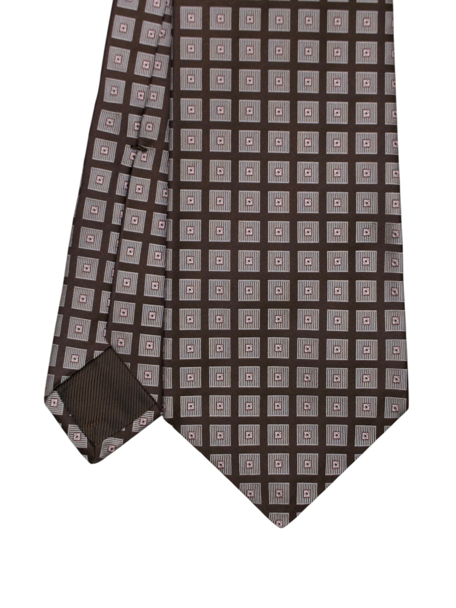 Kiton 5-Fold Dark Brown & Taupe Silk Square Pattern Tie