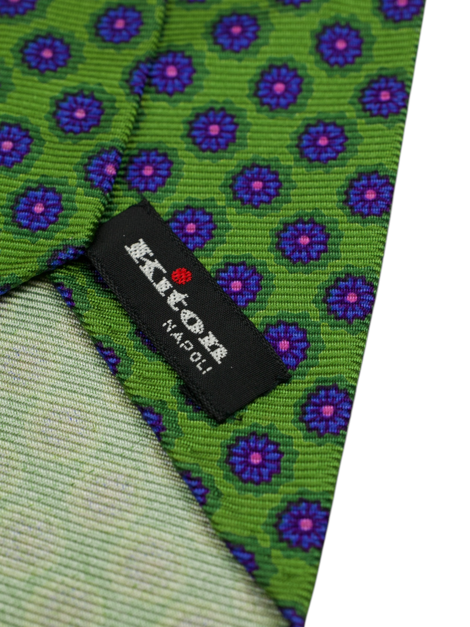 Kiton 5-Fold Green & Pink Handrolled Silk Floral Pattern Tie