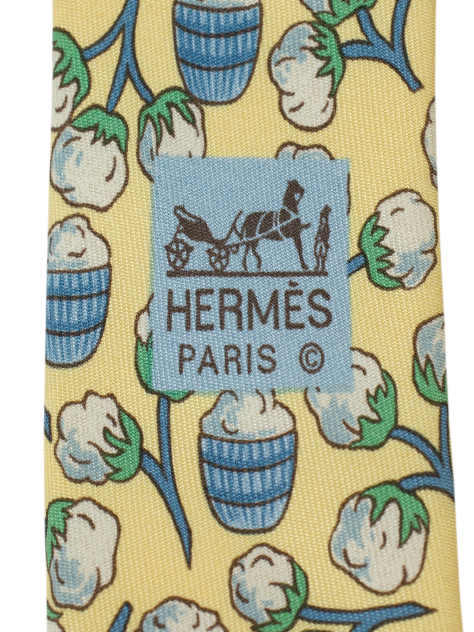 Hermès Beige & Blue Silk Cotton Plant-Motif Tie