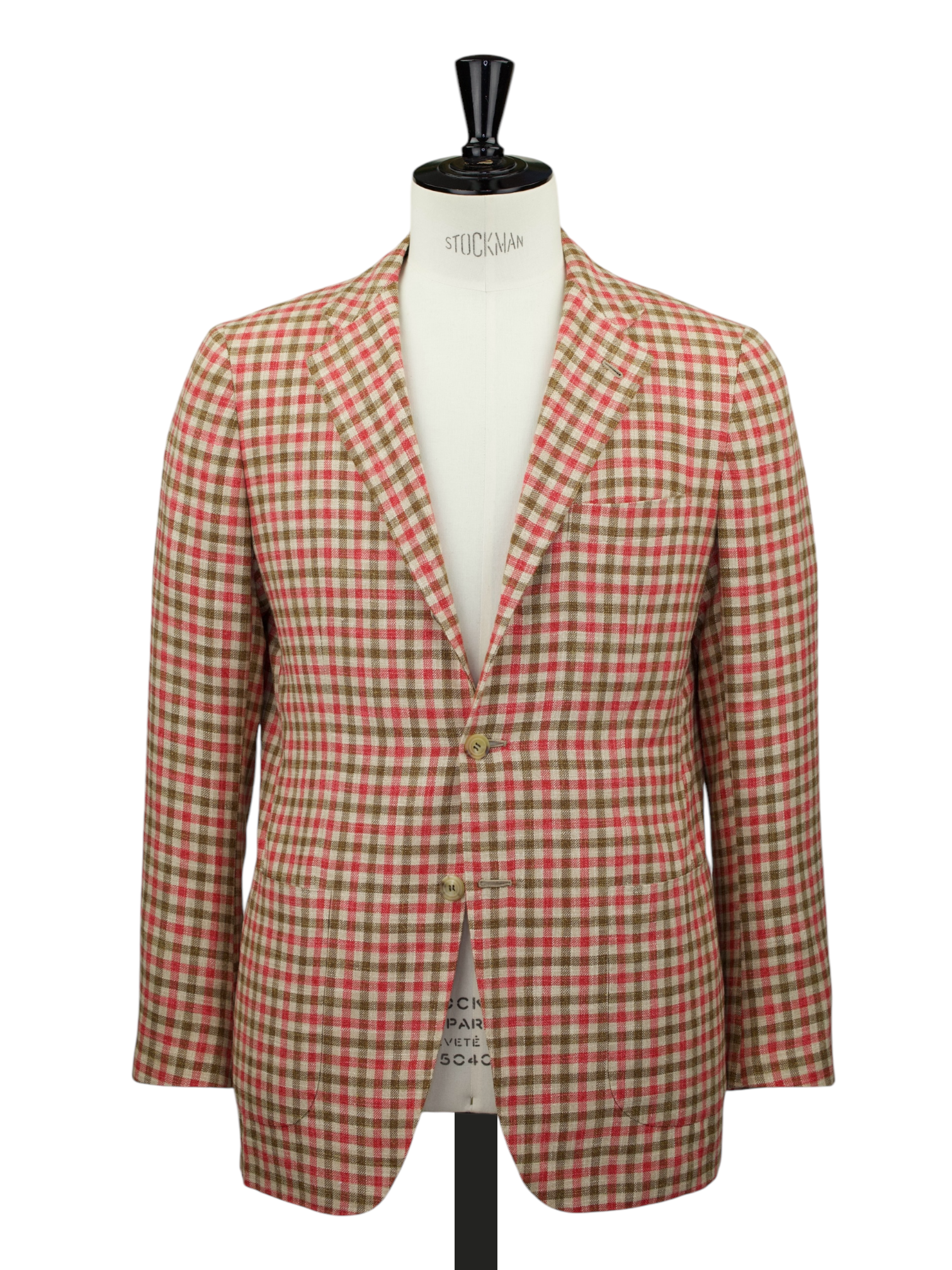 Kiton Light Brown & Coral Red Cashmere, Cotton, Silk, Virgin Wool & Stretch Gingham-Check Jacket
