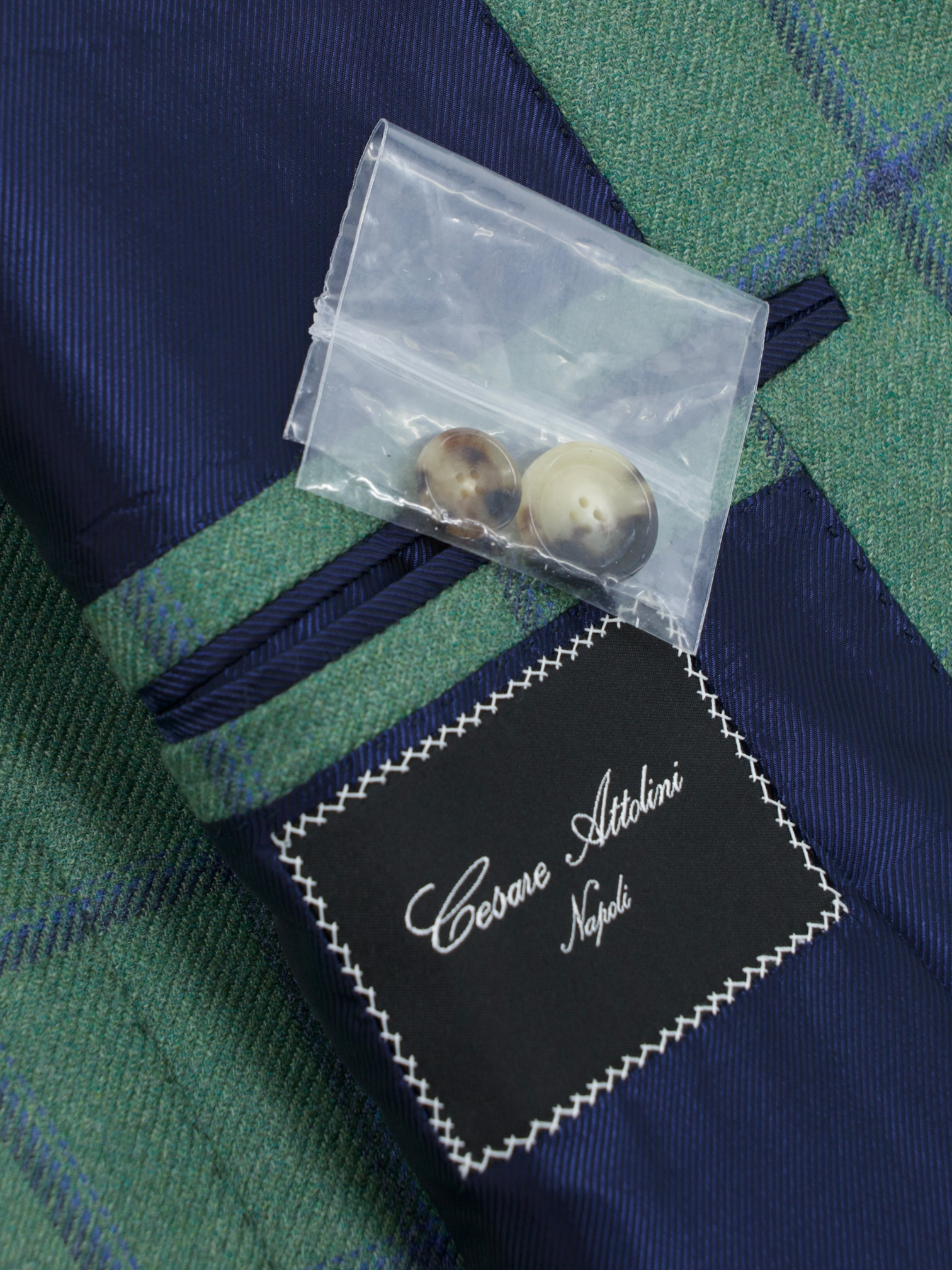 Cesare Attolini Light Green & Blue Cashmere Silk Blend Windowpane Jacket