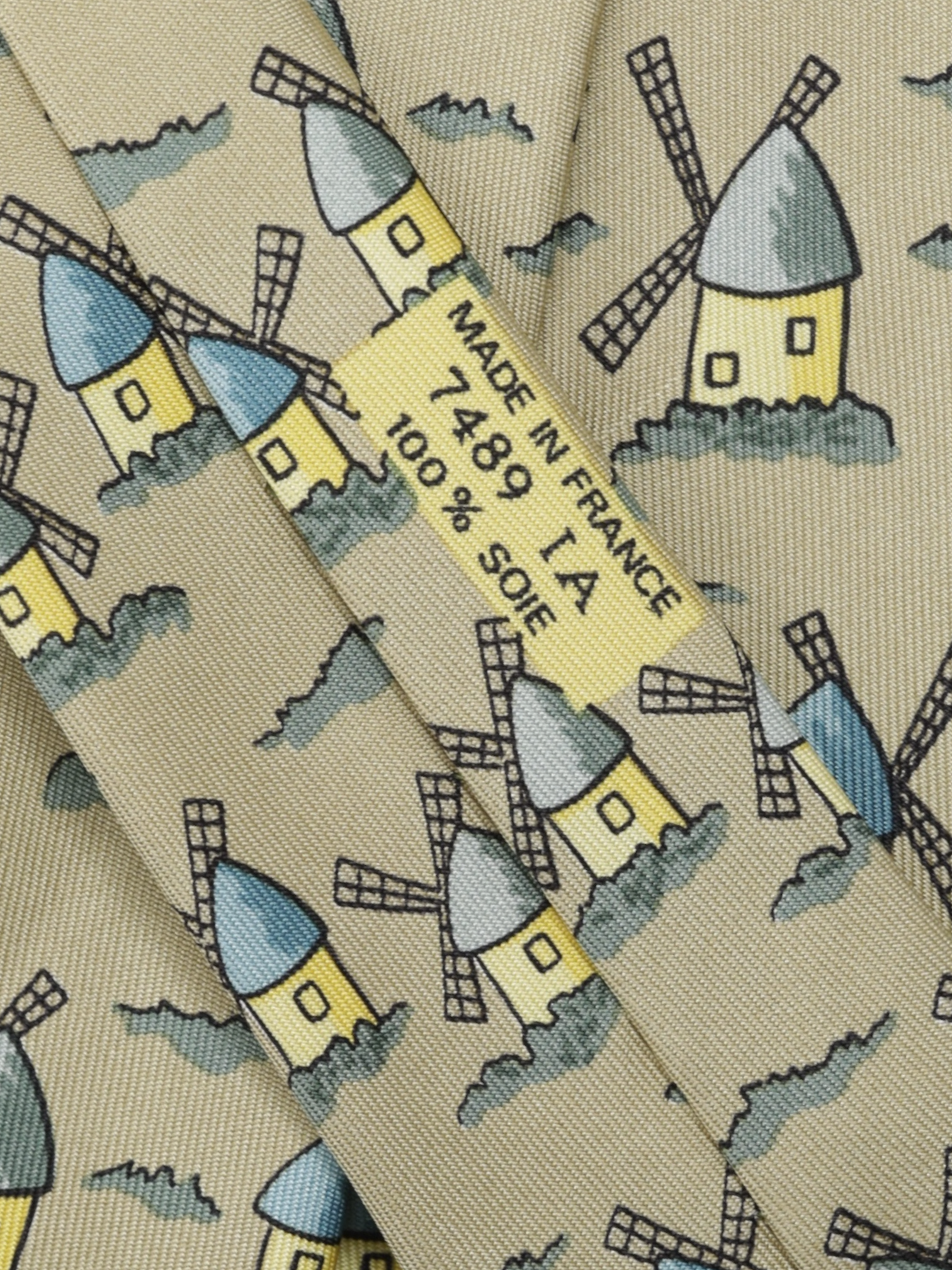 Hermès Light Brown & Yellow Dutch-Windmills Pattern Tie
