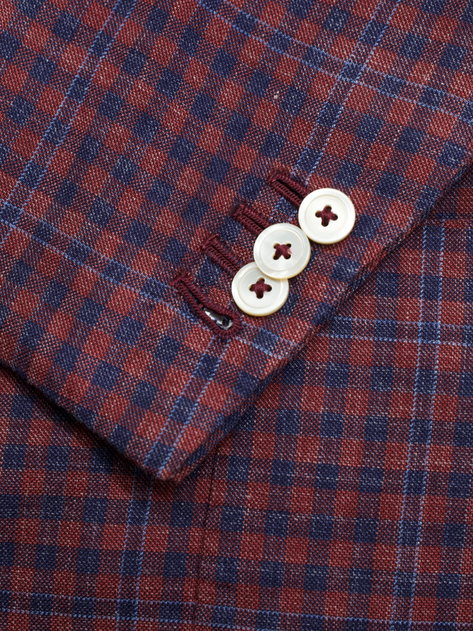 Isaia Red & Blue Wool, Silk & Linen Gingham Check Jacket