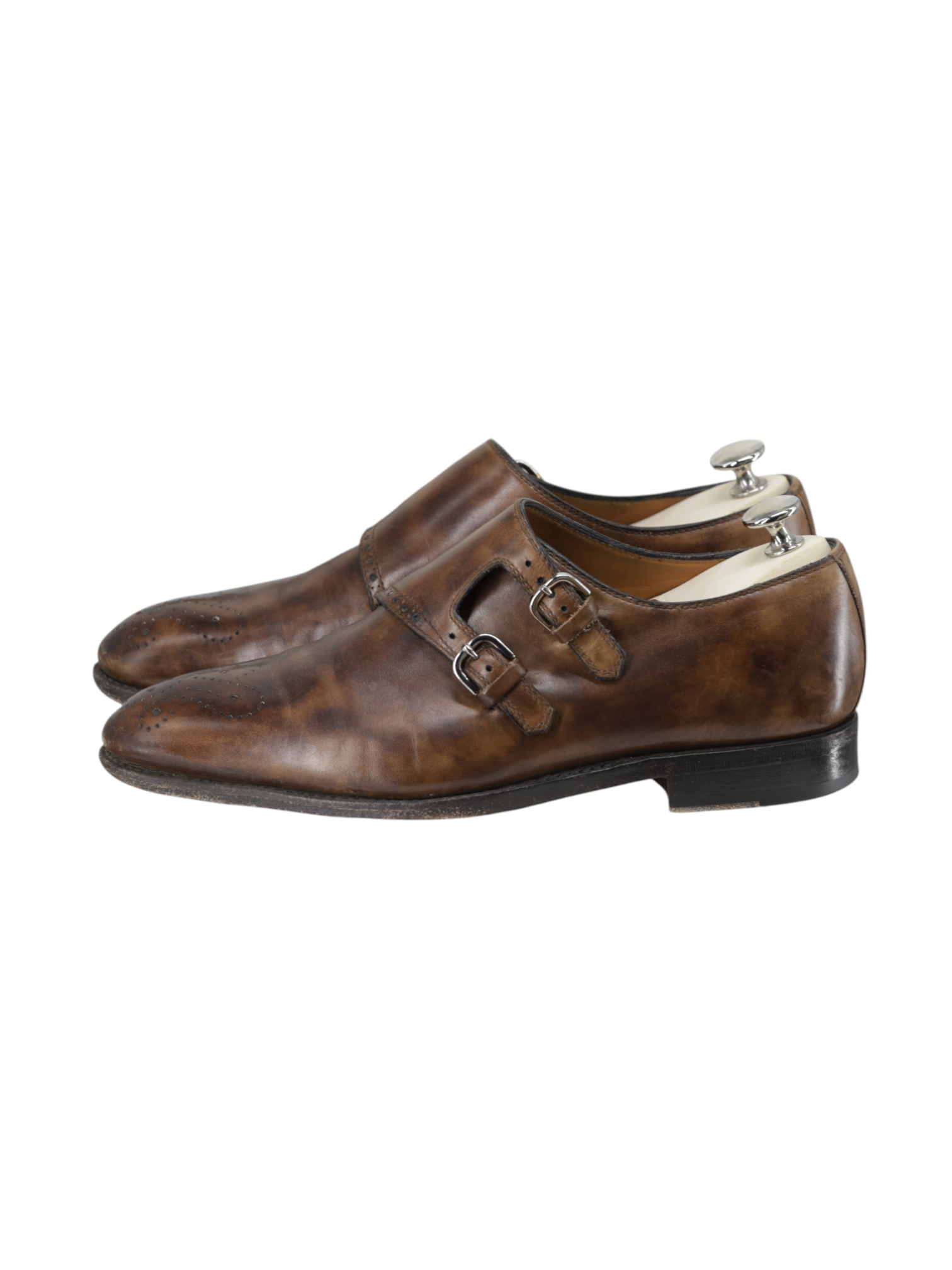 Bontoni Dark Brown Calfleather Perforated Brogue-Style Double Monk + Crocodile Belt
