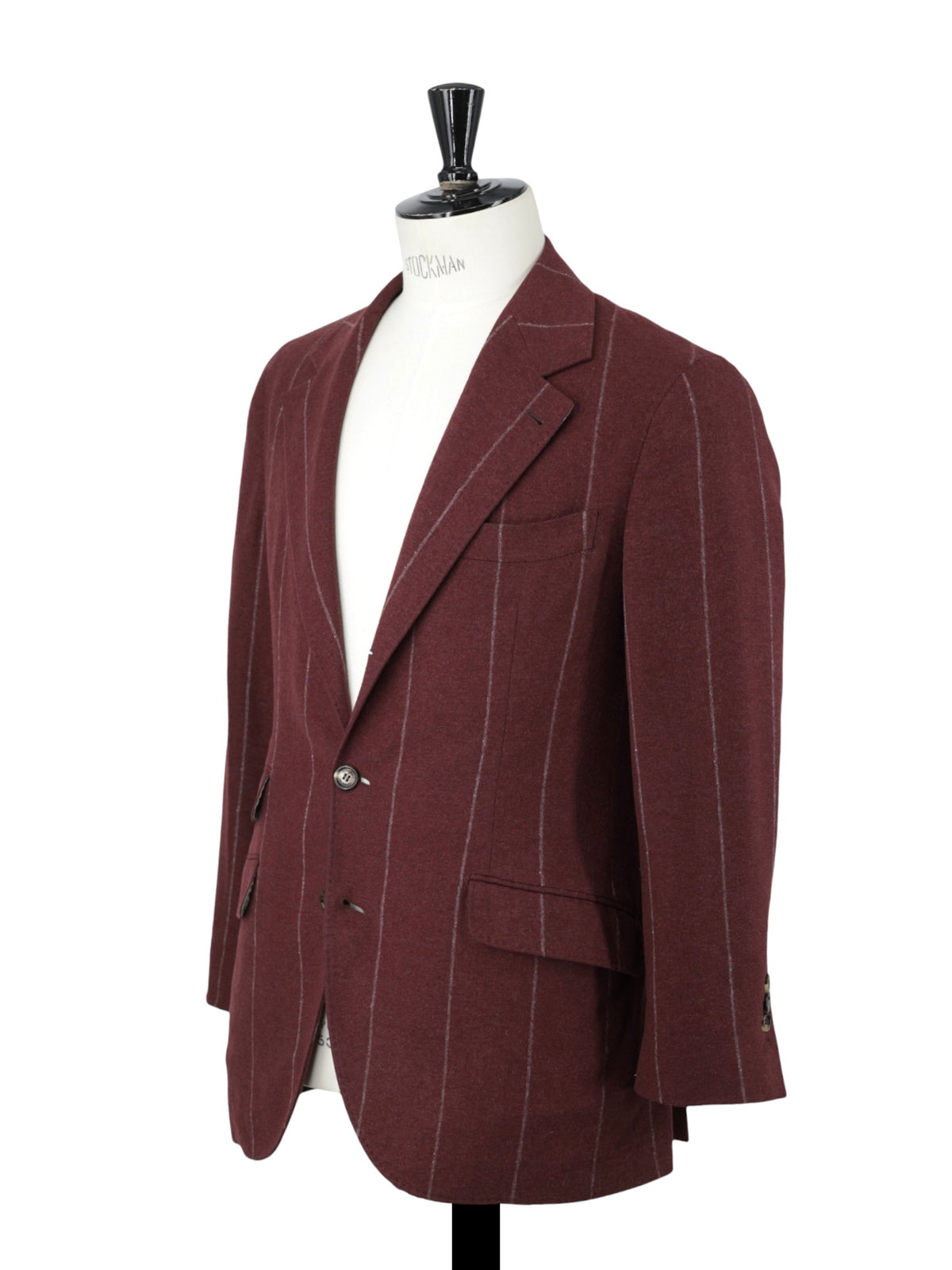 Brunello Cucinelli Dark Red Silk, Wool & Cashmere Double Breasted Chalkstripe Jacket